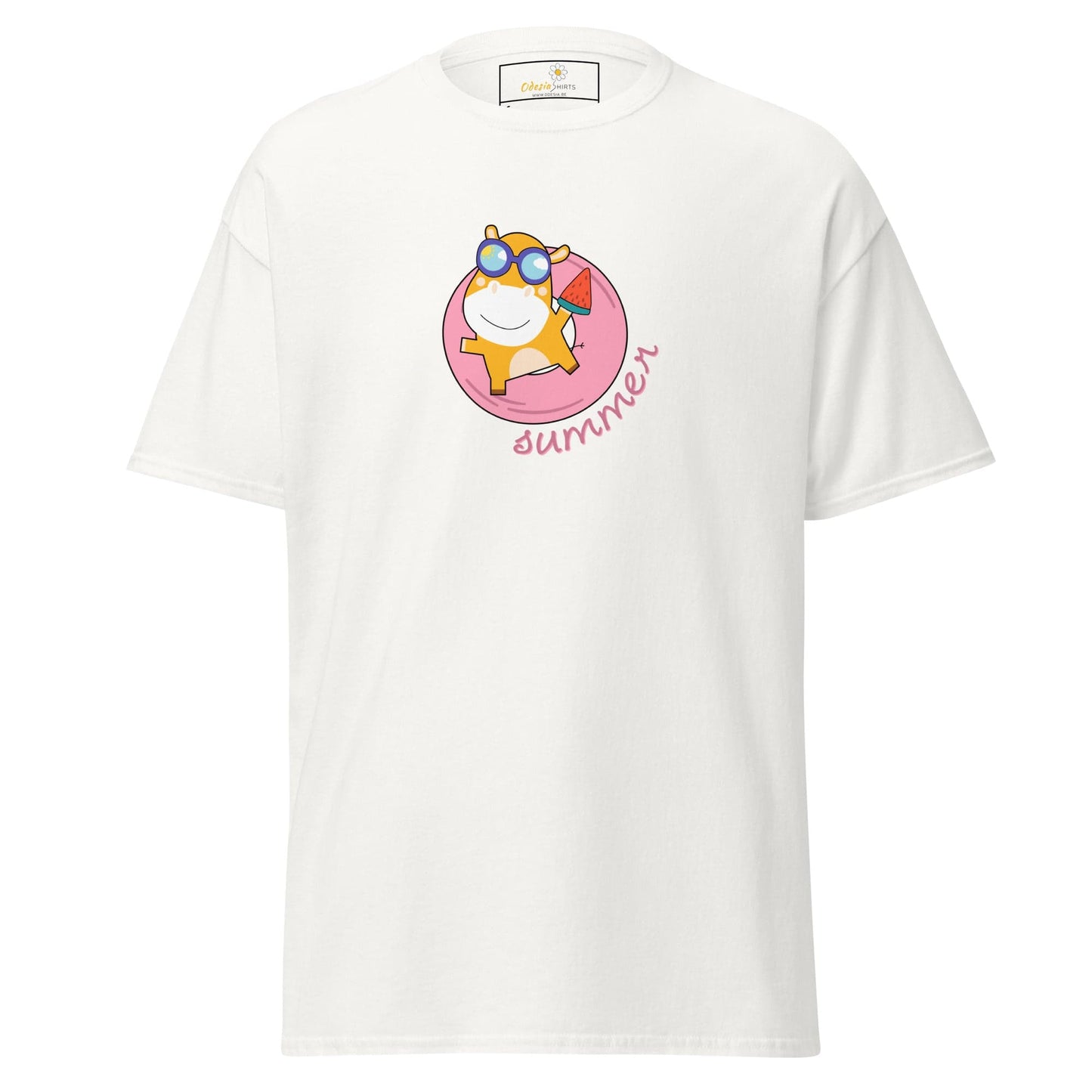 White T-shirt with cartoon hamster design for men and women in sizes S to XL