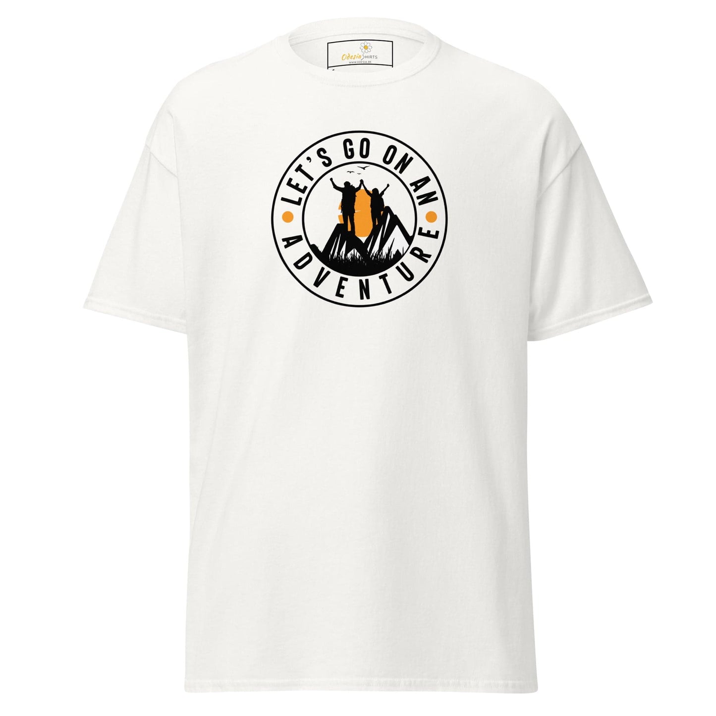 White T-shirt with adventure graphic for men and women in S to XL size