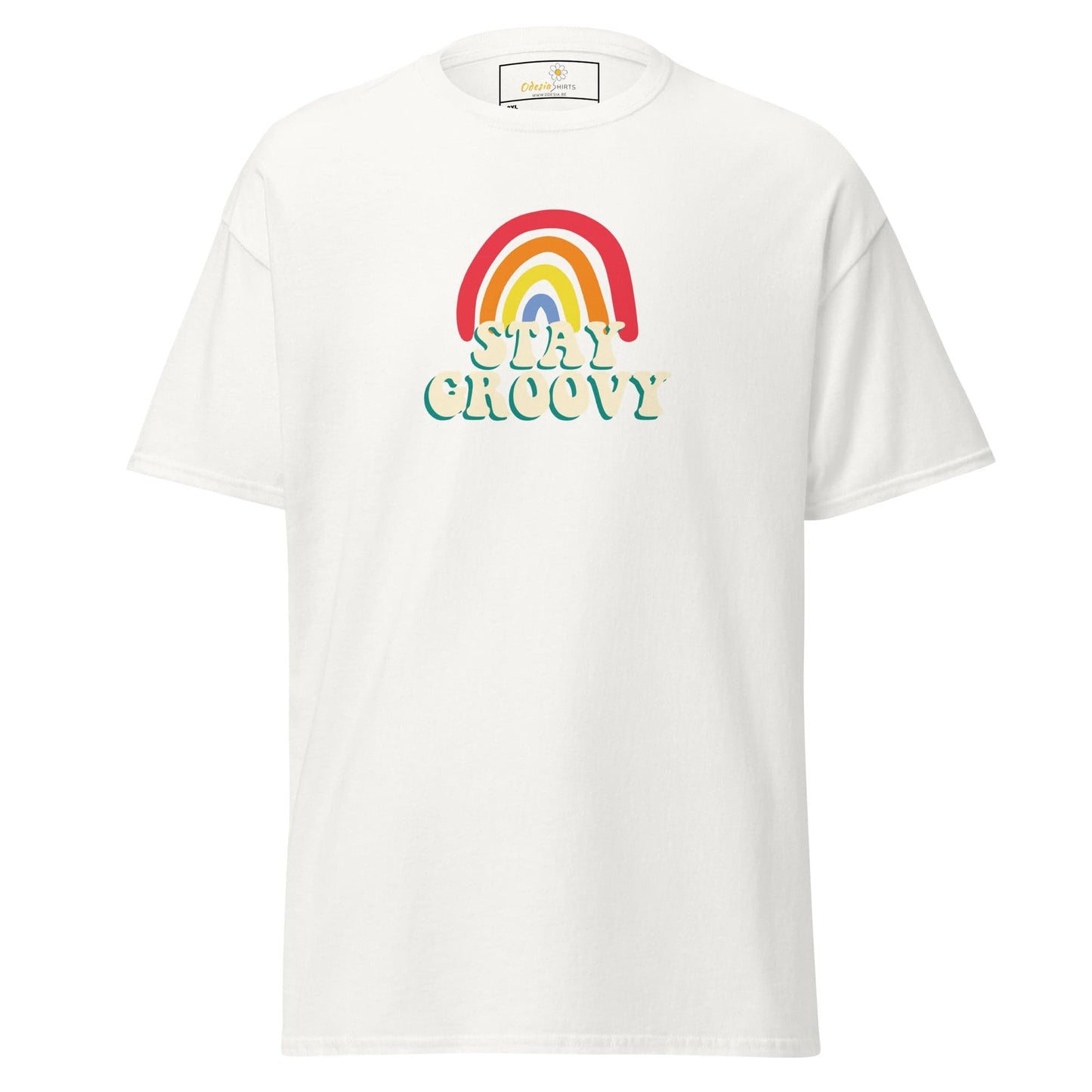 White t-shirt with rainbow graphic.