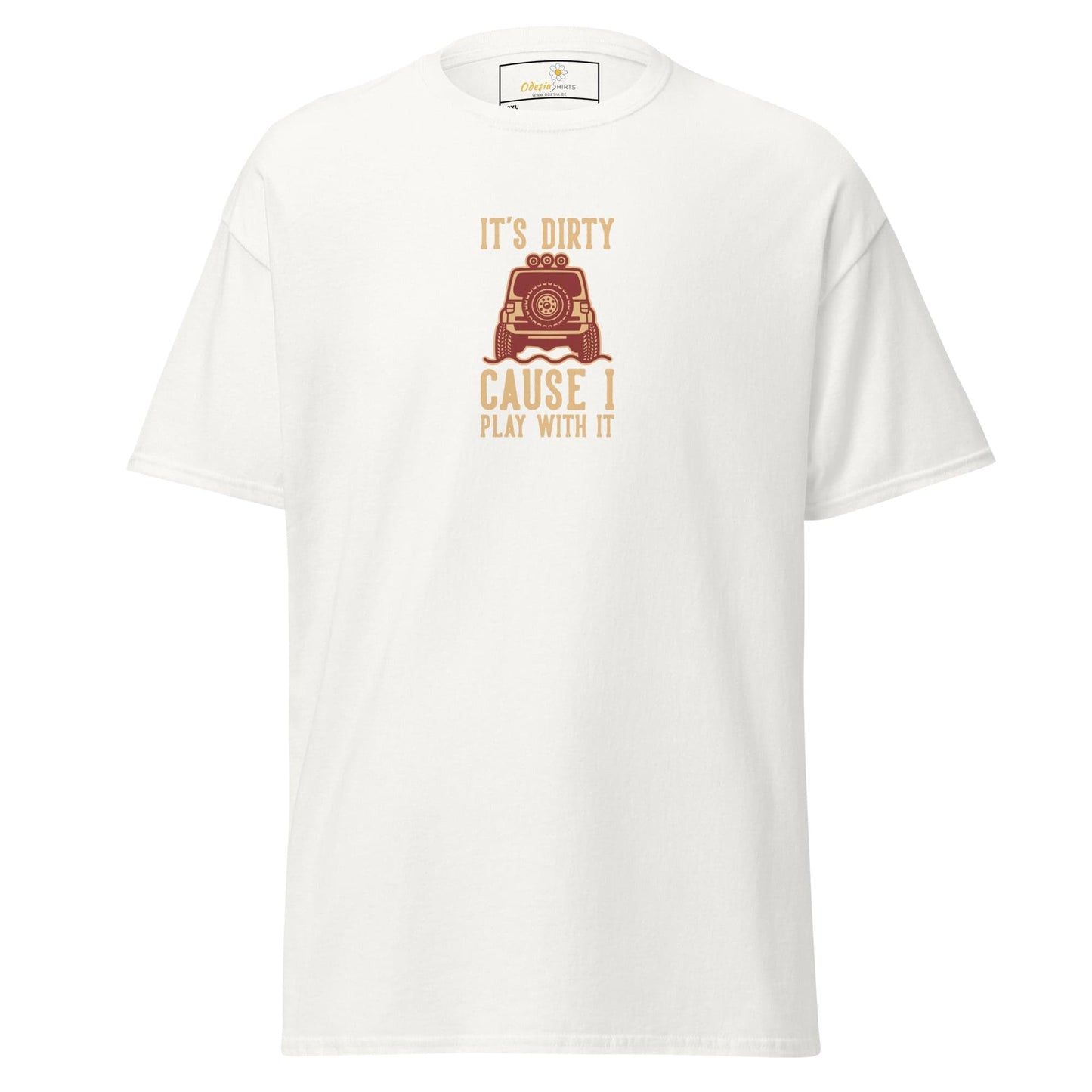 White t-shirt with off-road vehicle graphic.