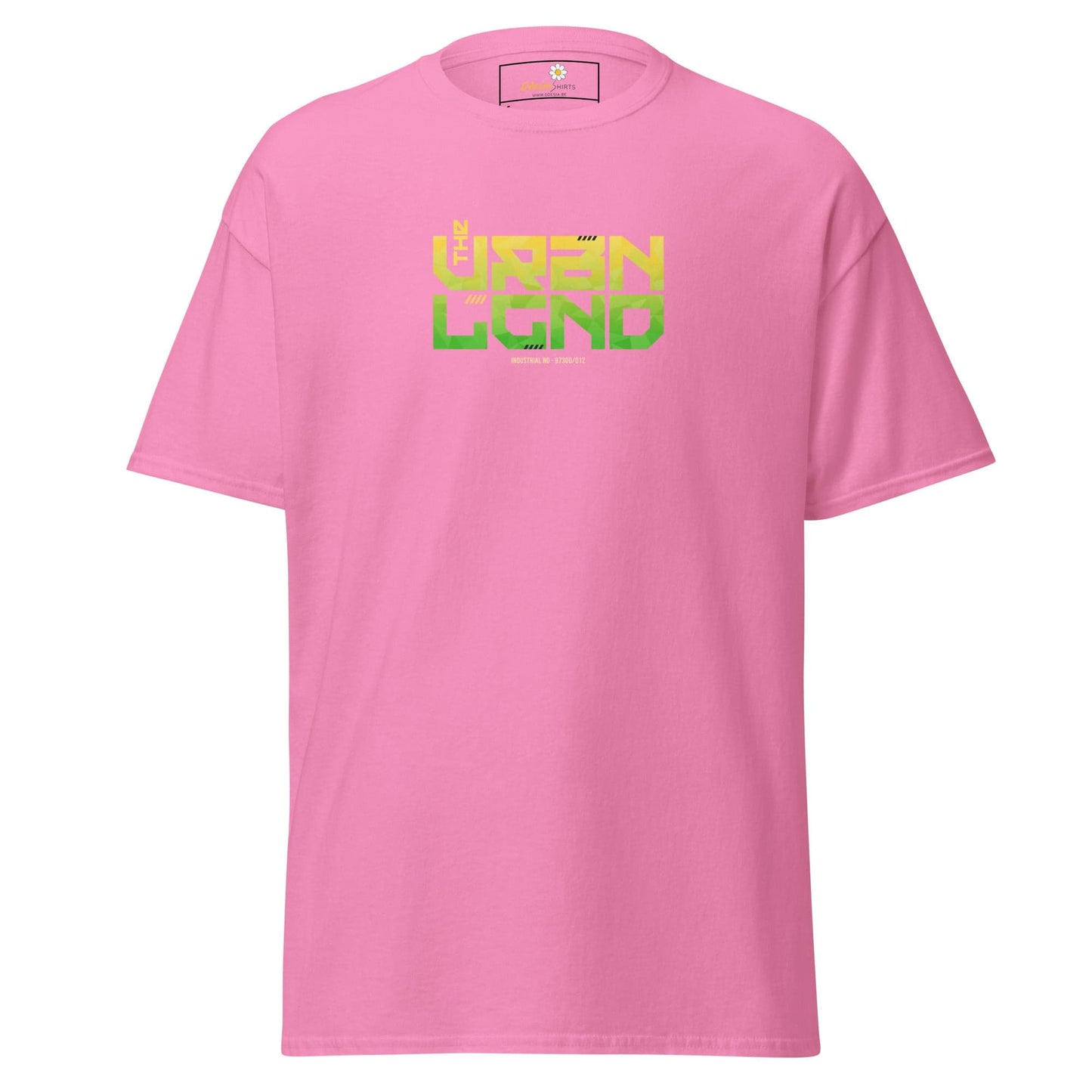 Pink T-shirt with green and yellow text for Men and Women size S to XL