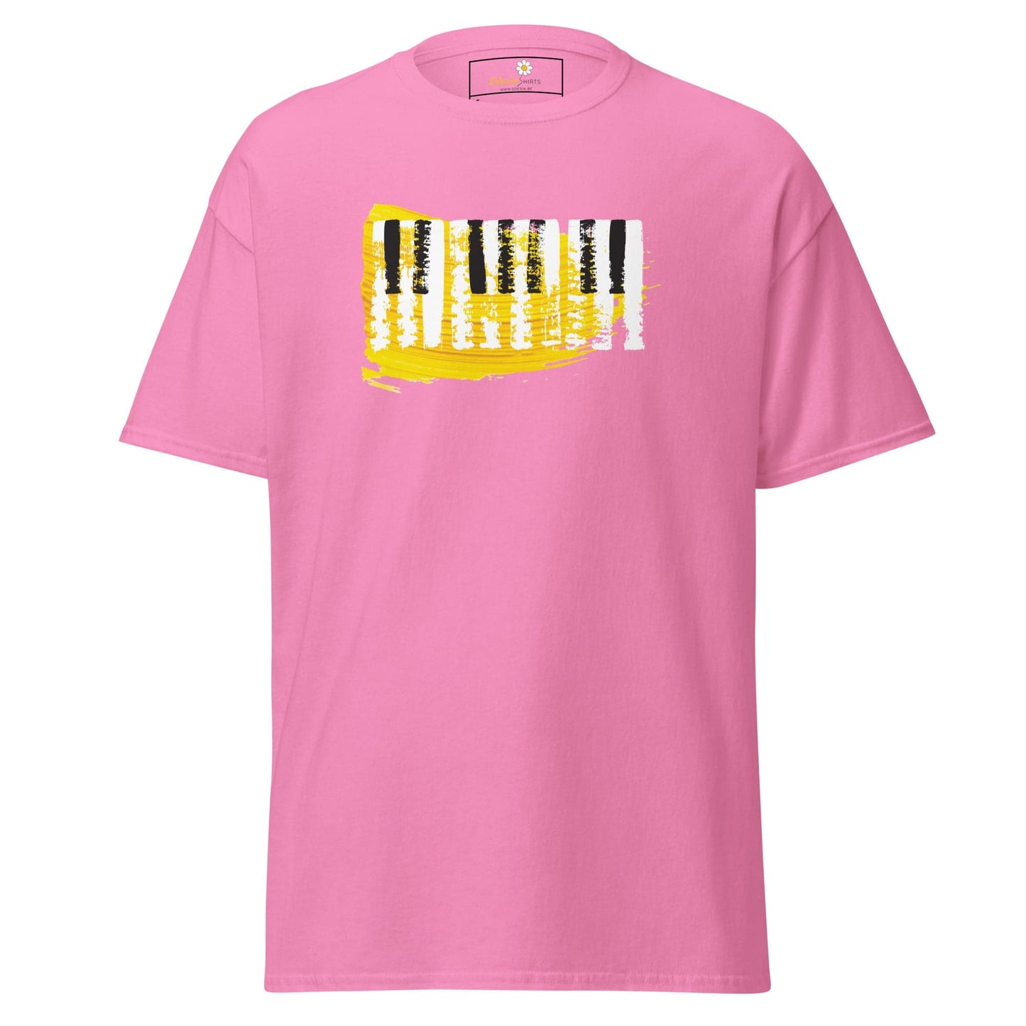 Pink T-shirt with a piano keys graphic for men and women, available in sizes S to XL