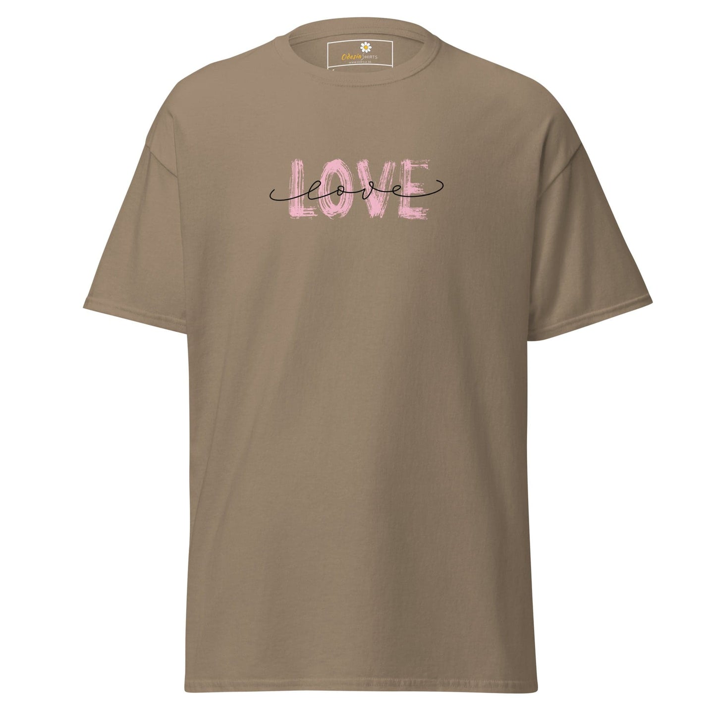 Khaki T-shirt with love design available for men and women in sizes S to XL