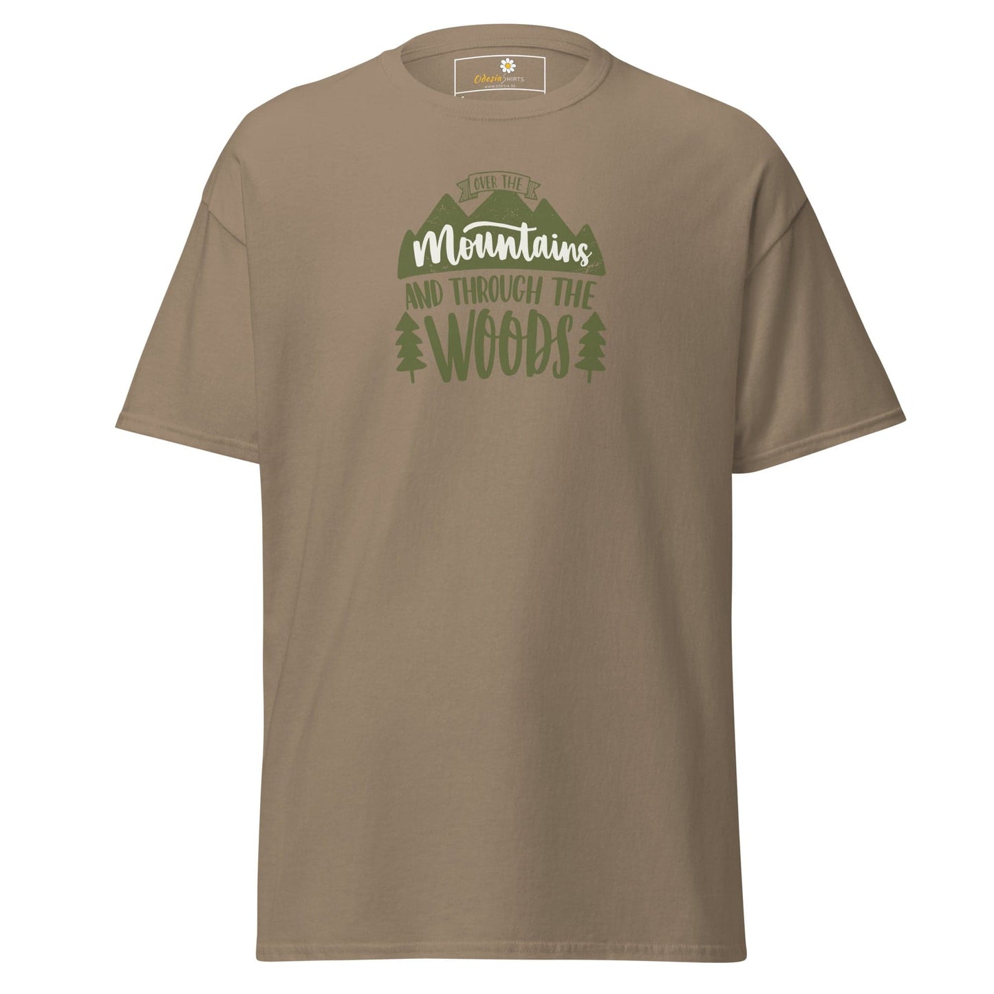 Khaki T-shirt featuring mountain and woods graphic for men and women in sizes S to XL