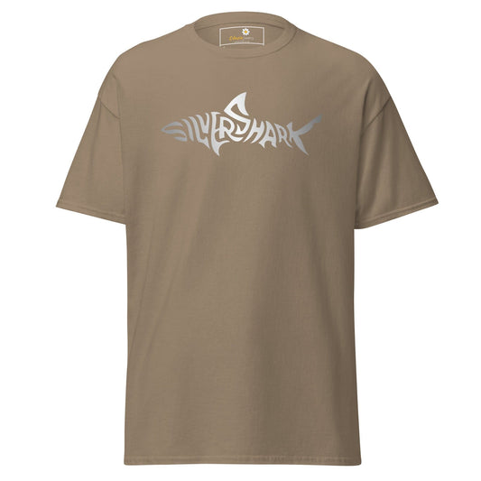 Khaki T-shirt with silver shark graphic for men and women, available in sizes S to XL