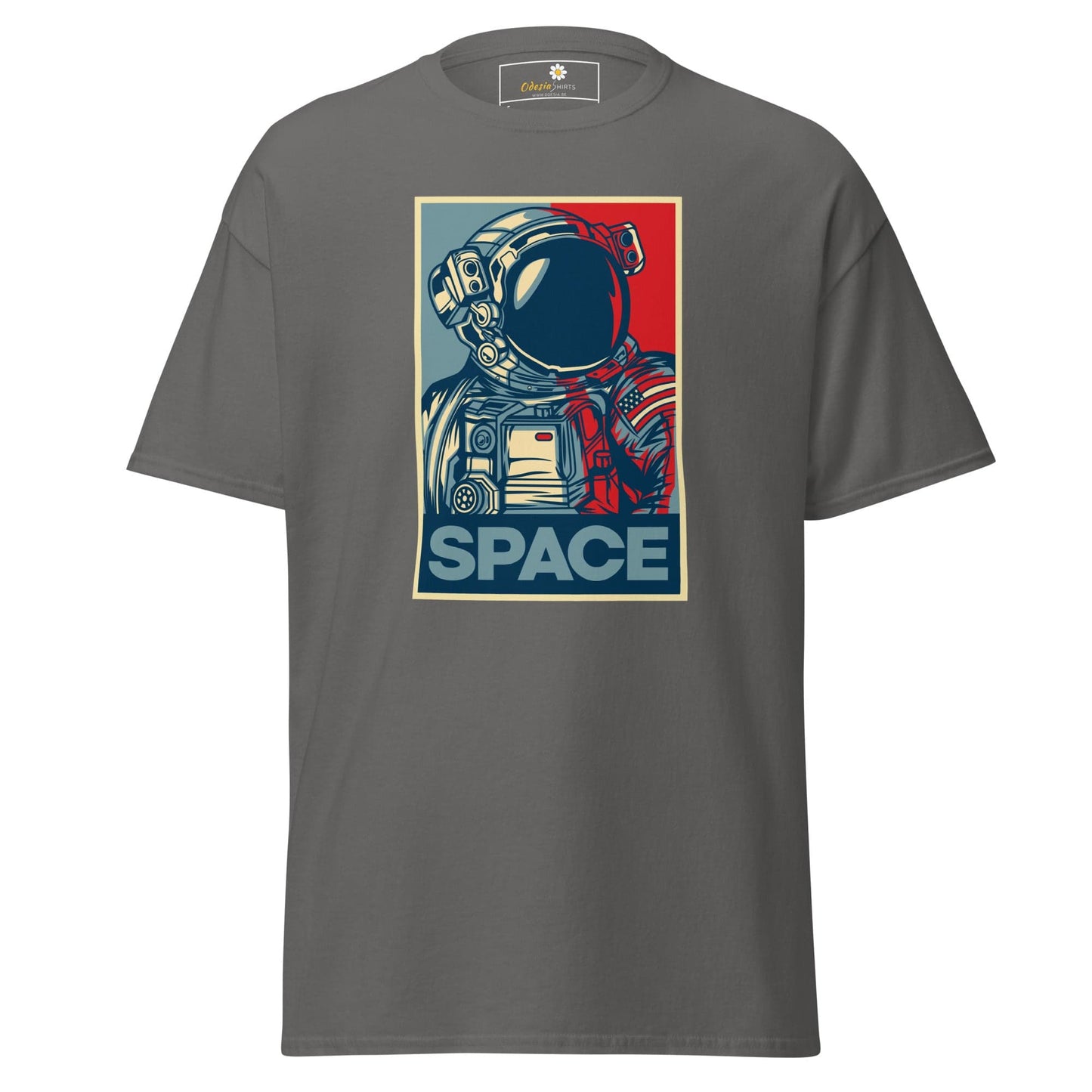 Gray T-shirt with astronaut graphic from T-SHIRT DESIGN TEE for Men and Women, available in sizes S to XL