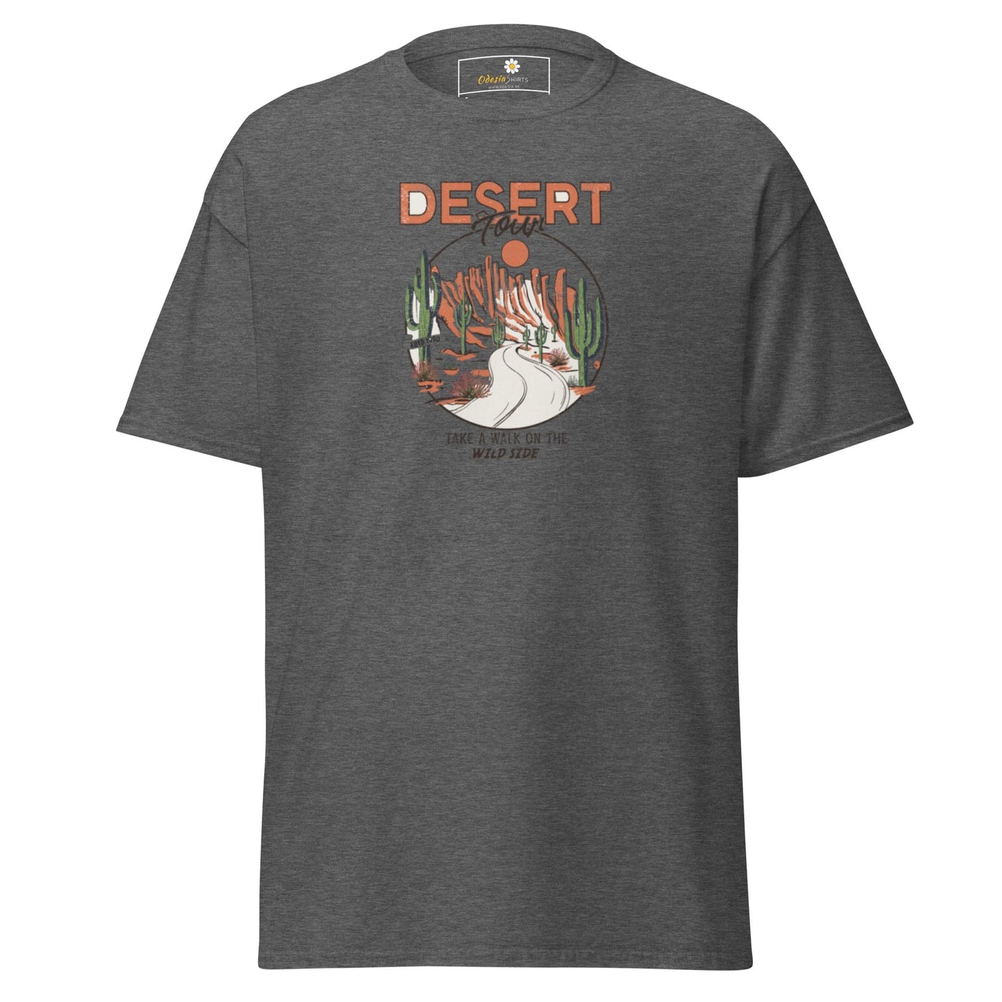 Gray T-shirt with desert graphic, suitable for men and women, available in sizes S to XL