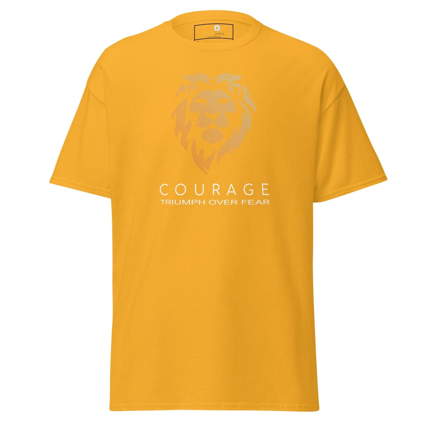 Yellow T-shirt with lion graphic for men and women, available in S to XL sizes