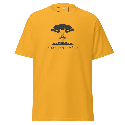 Yellow T-shirt with mushroom cloud graphic for men and women in S to XL sizes