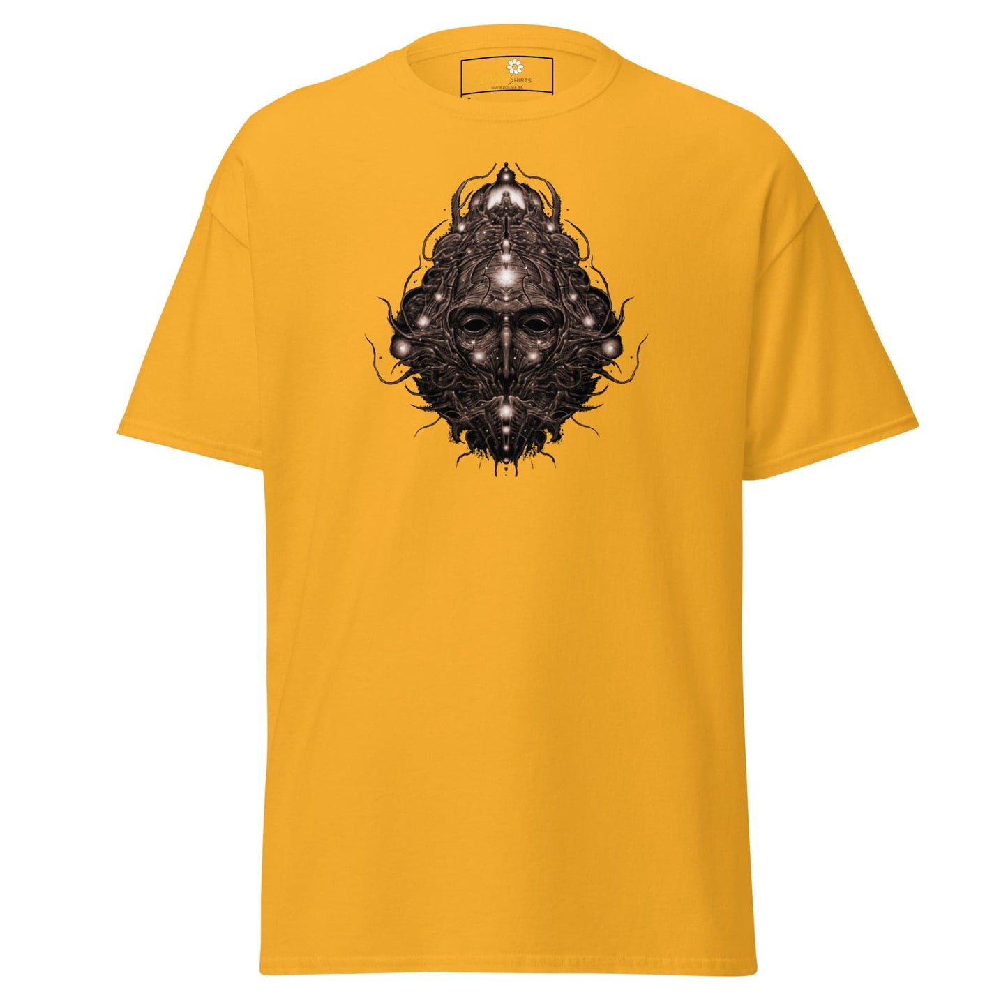 Yellow T-shirt with a dark intricate face design for Men and Women in S to XL sizes
