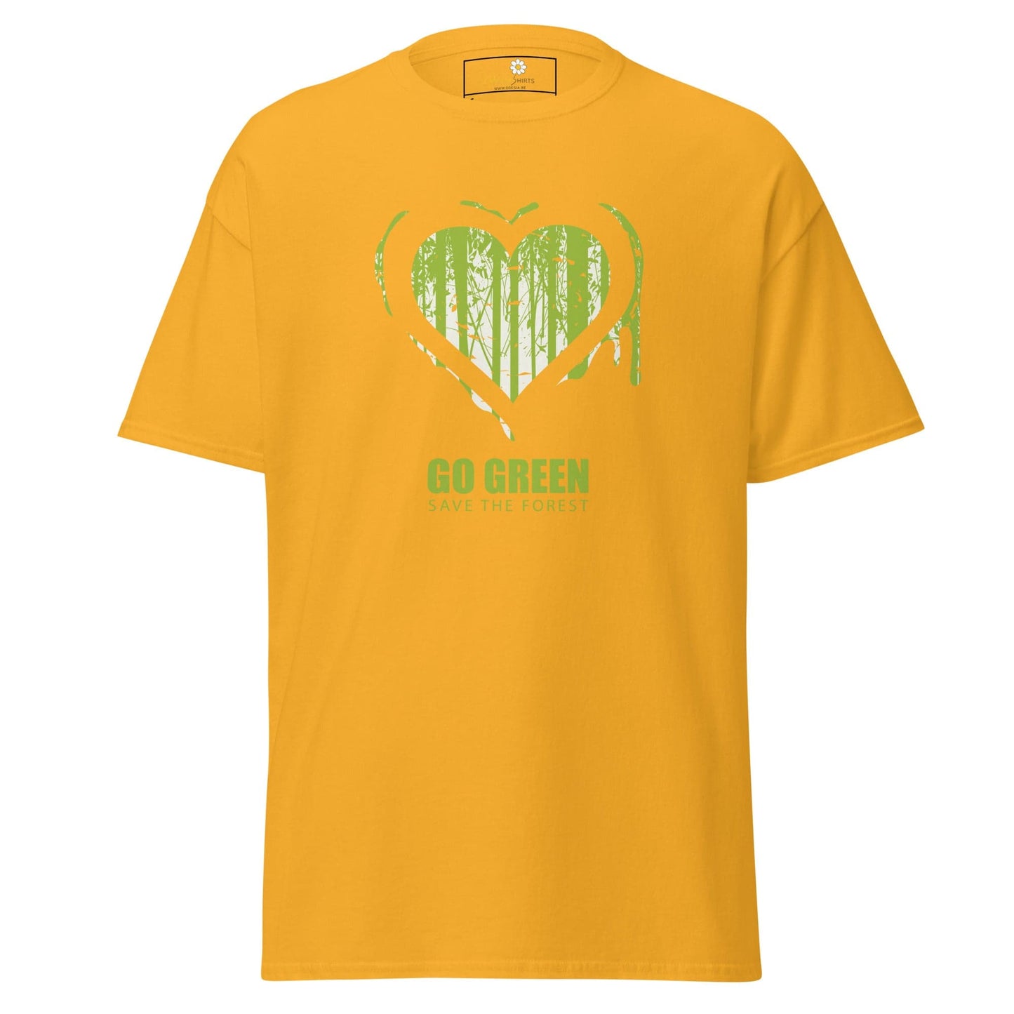Yellow T-shirt with green heart and trees design for men and women in sizes S to XL