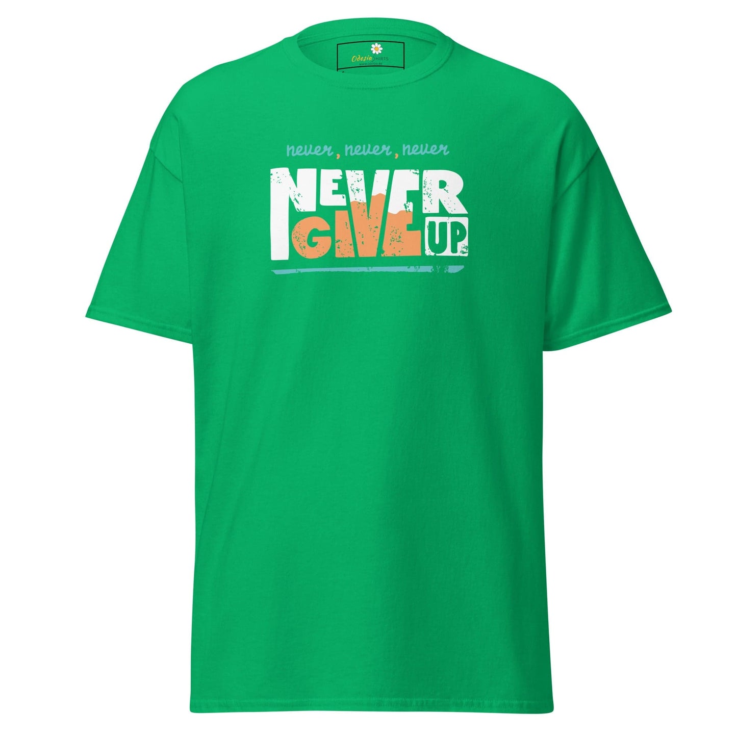 Green T-shirt with Never Give Up graphic from T-SHIRT DESIGN TEE for Men and Women