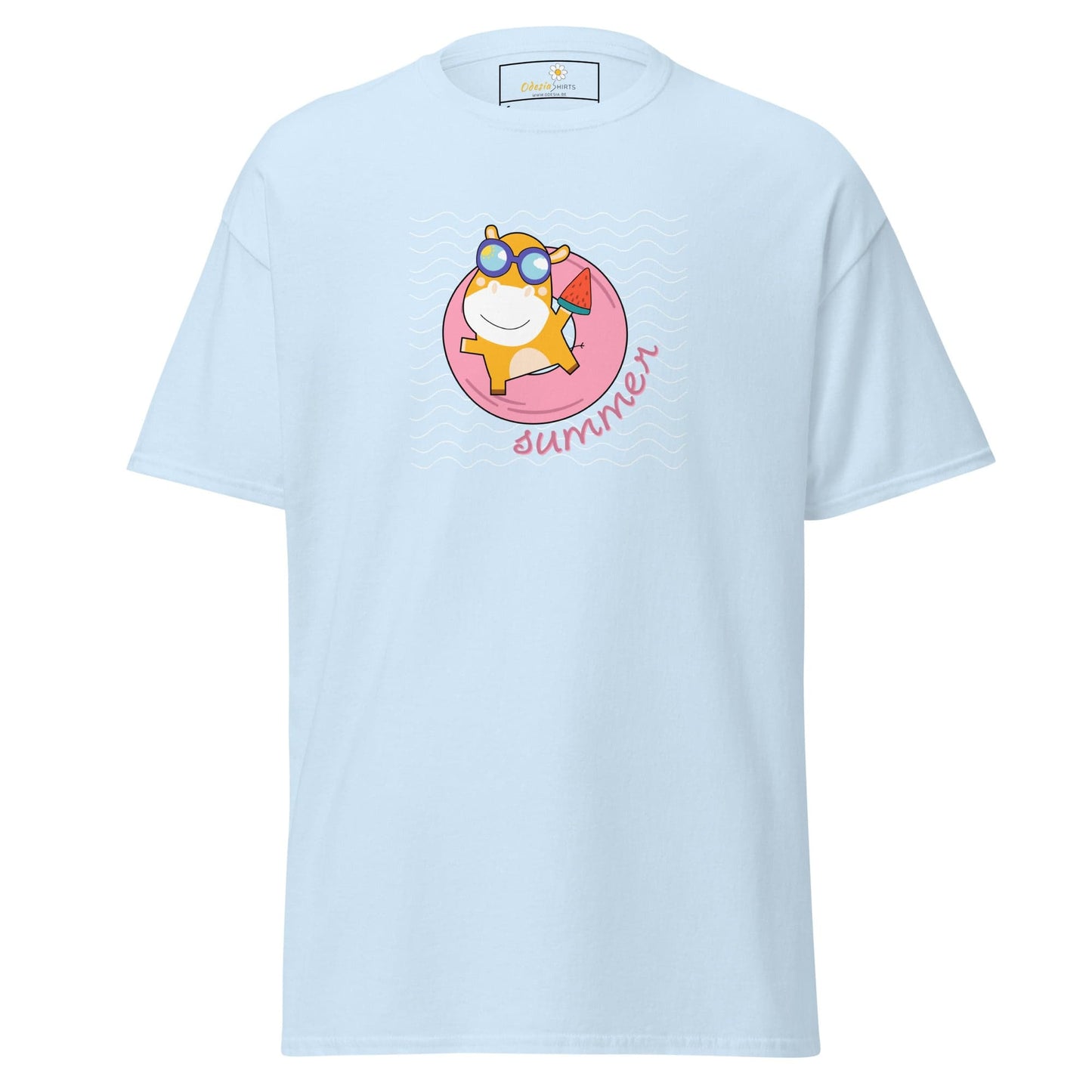 Light blue T-shirt with cartoon hamster design for men and women in sizes S to XL