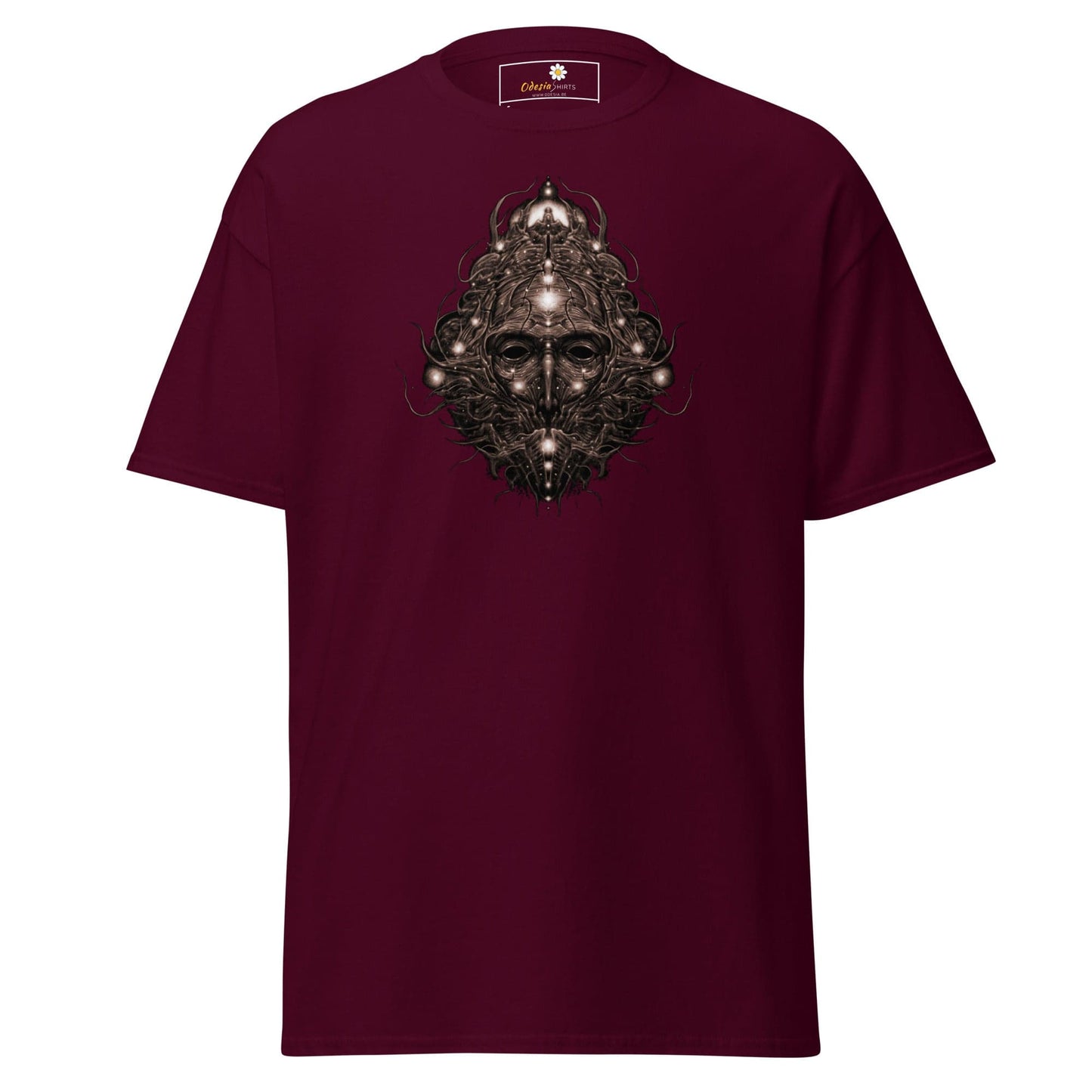 Maroon T-shirt with an ornate face design, suitable for men and women in sizes S to XL