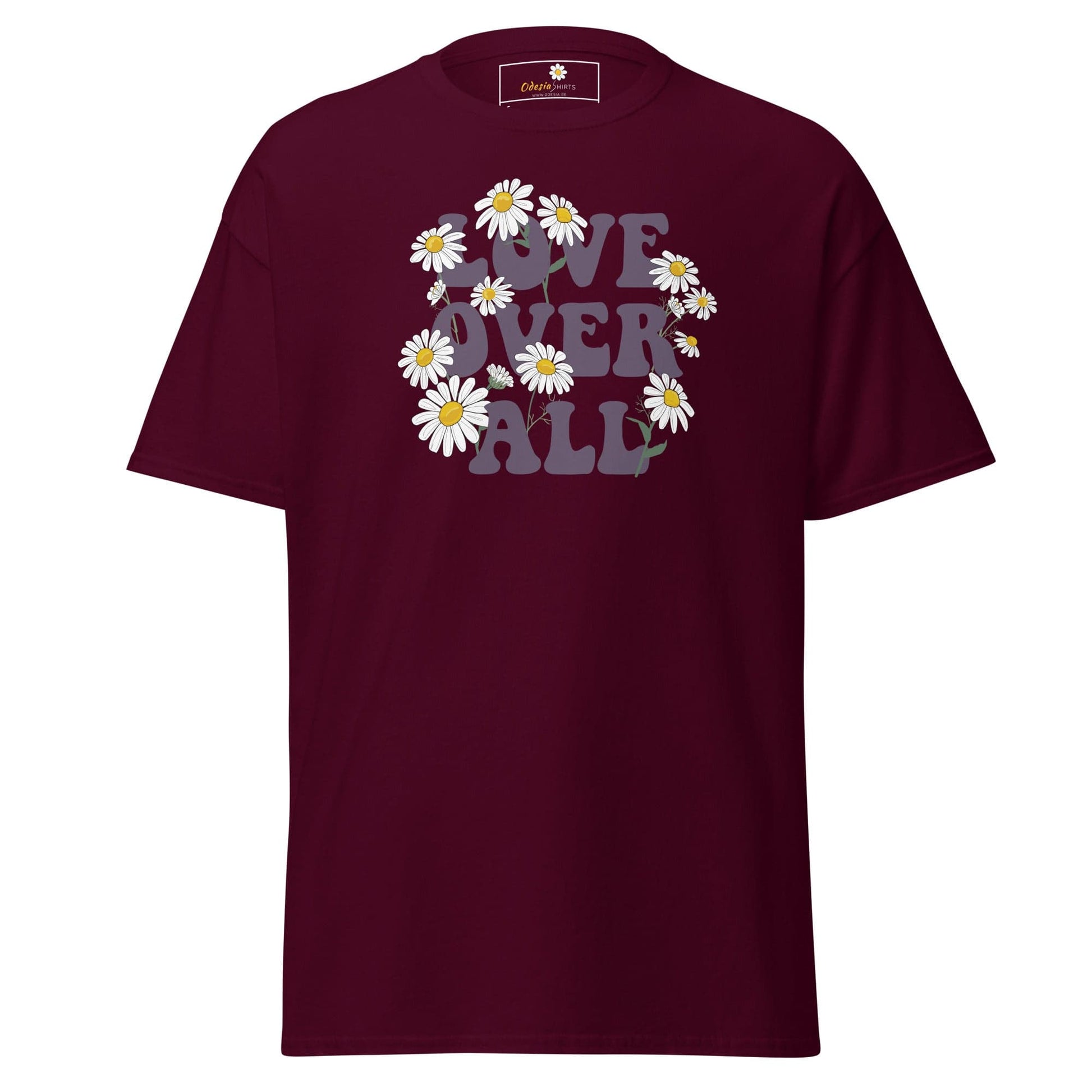 Maroon T-shirt with floral Love Over All graphic for Men and Women, available in S to XL
