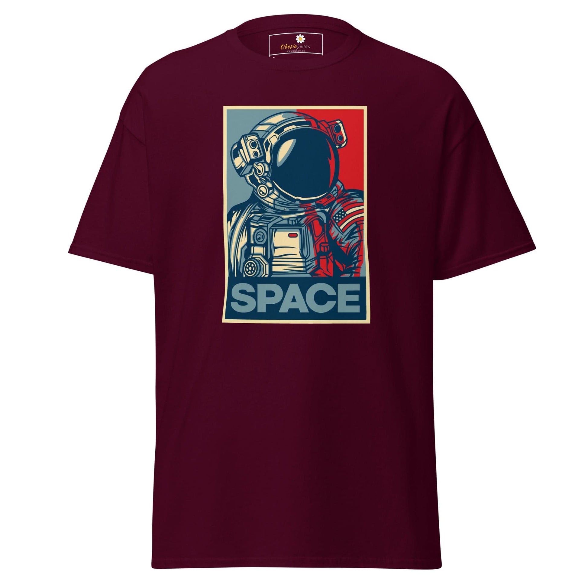Maroon T-shirt featuring an astronaut graphic, suitable for men and women sizes S to XL