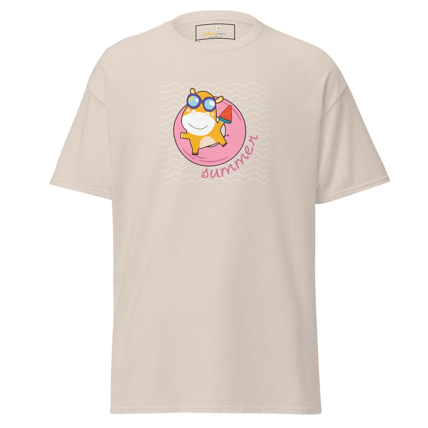 Beige T-shirt featuring a cartoon hamster design for men and women in sizes S to XL