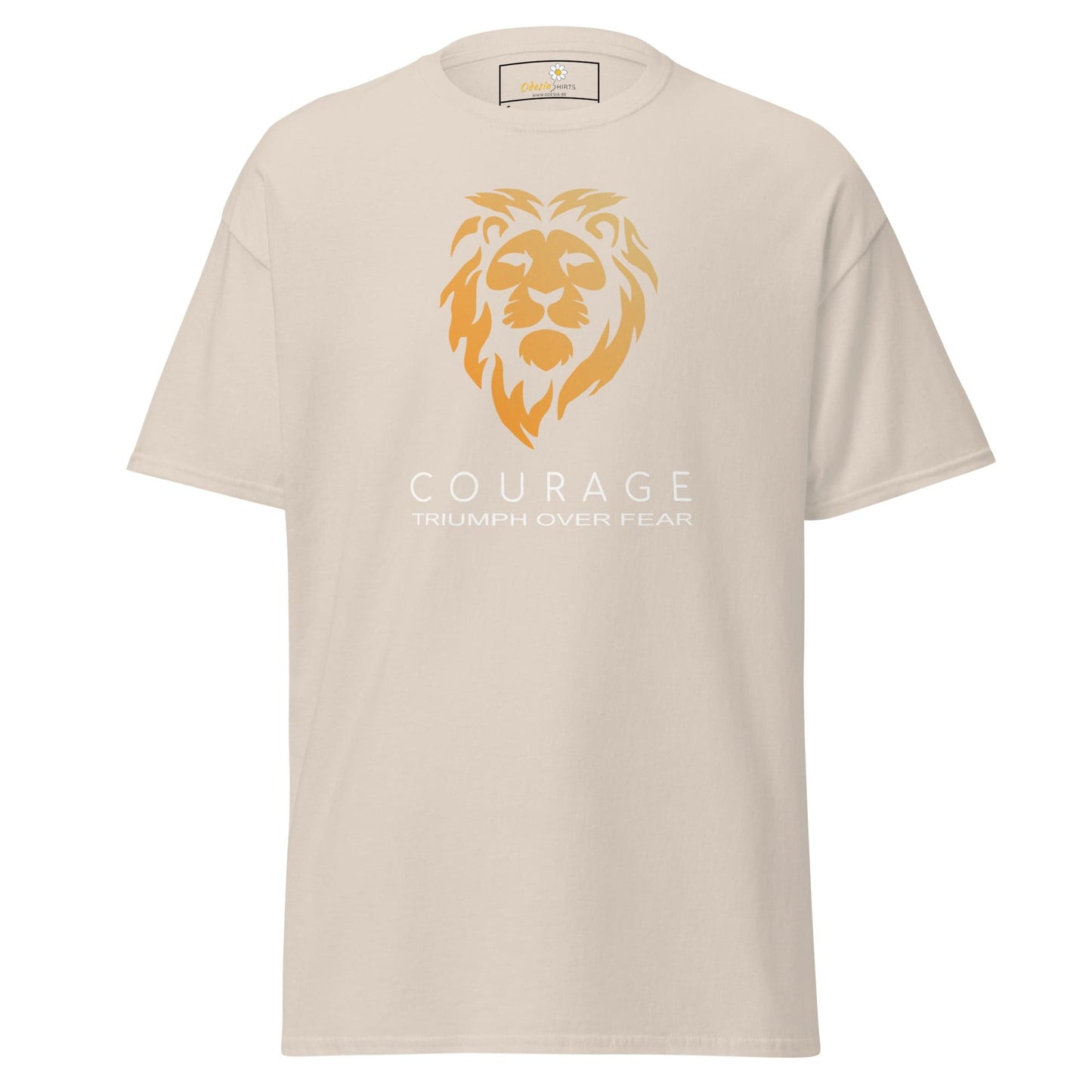 Beige T-shirt with lion graphic, suitable for men and women, available in sizes S to XL