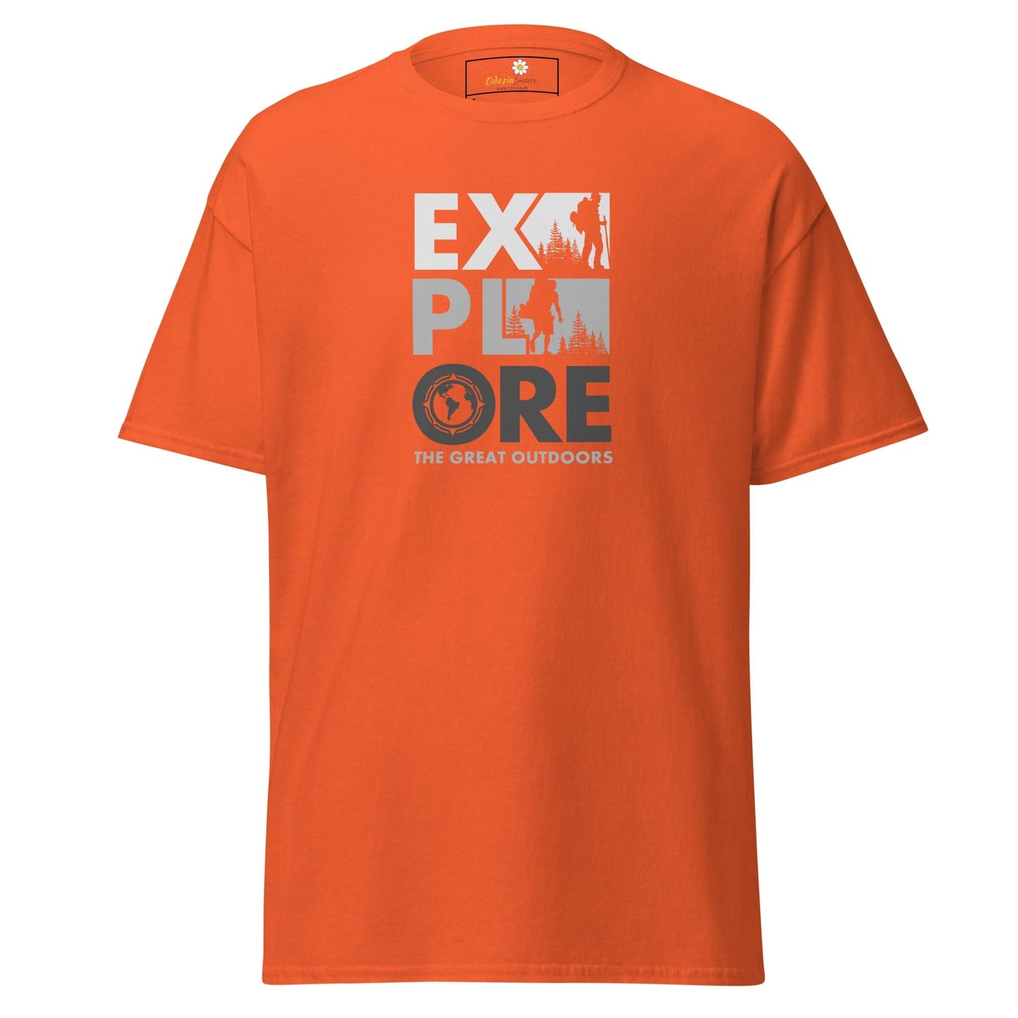 Orange T-shirt with Explore graphic from T-SHIRT DESIGN TEE for Men and Women sizes S to XL