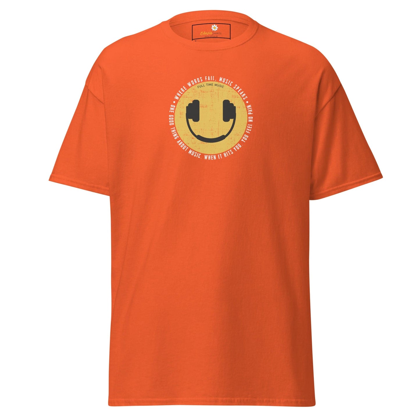 Orange T-shirt with smiley face and headphones, unisex design available in sizes S to XL