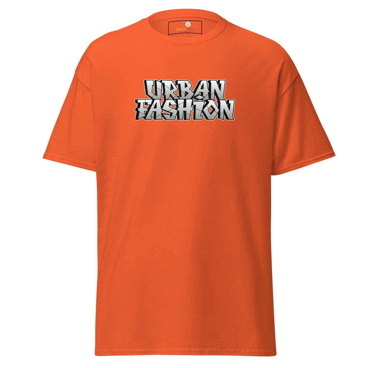 Orange T-shirt with Urban Fashion text suitable for Men and Women in sizes S to XL