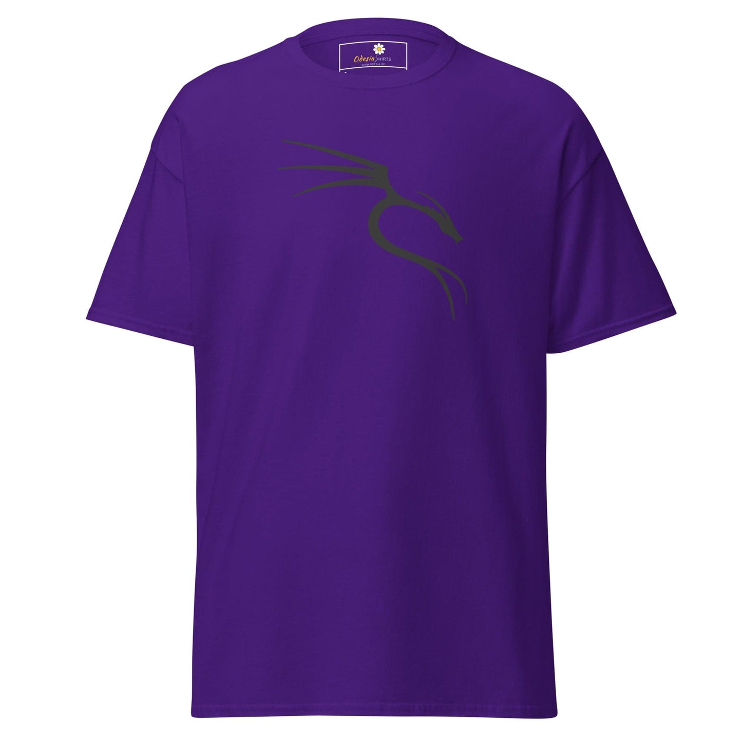 Purple T-shirt with a dark gray bird design, suitable for men and women sizes S to XL