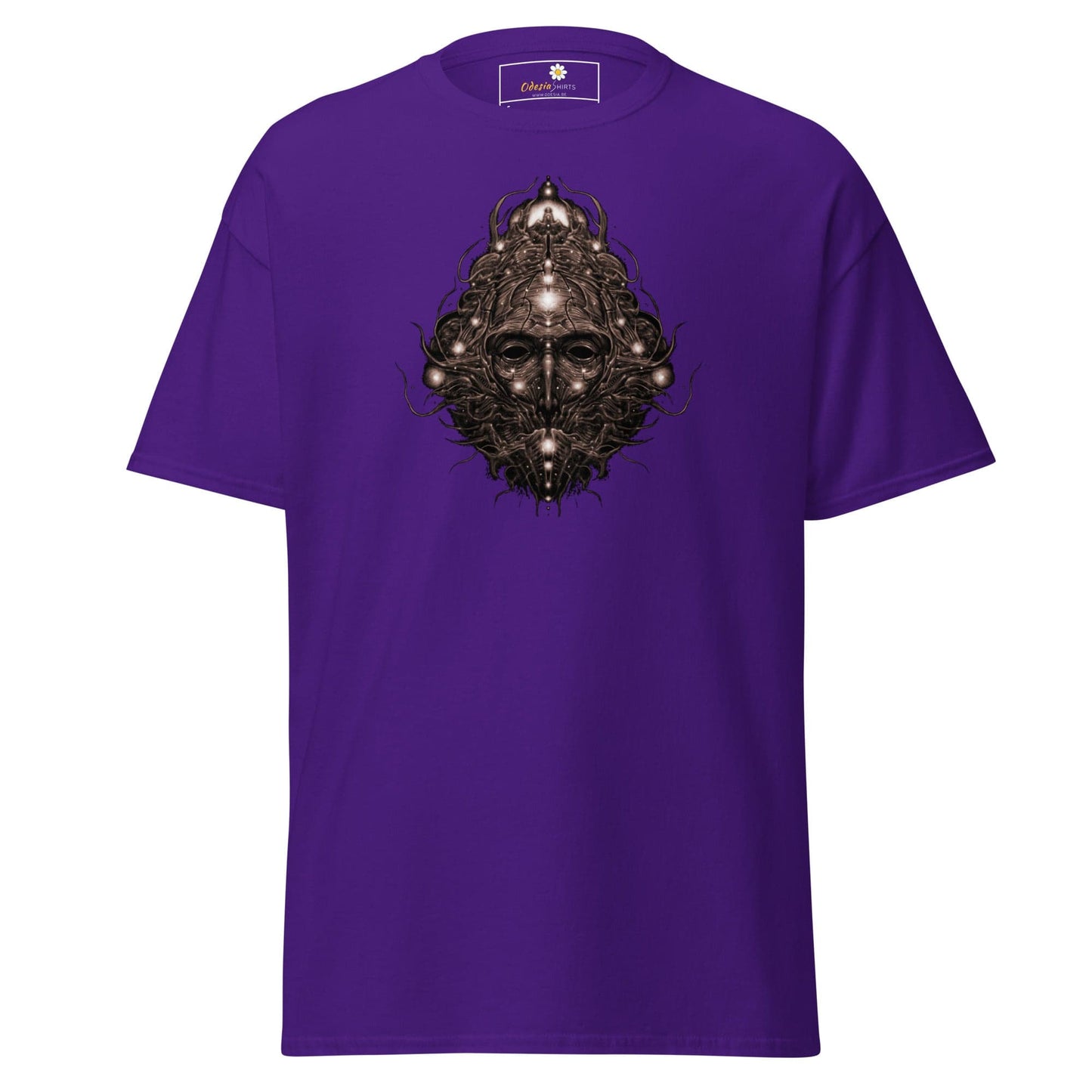 Purple t-shirt with ornate face design for men and women in sizes S to XL