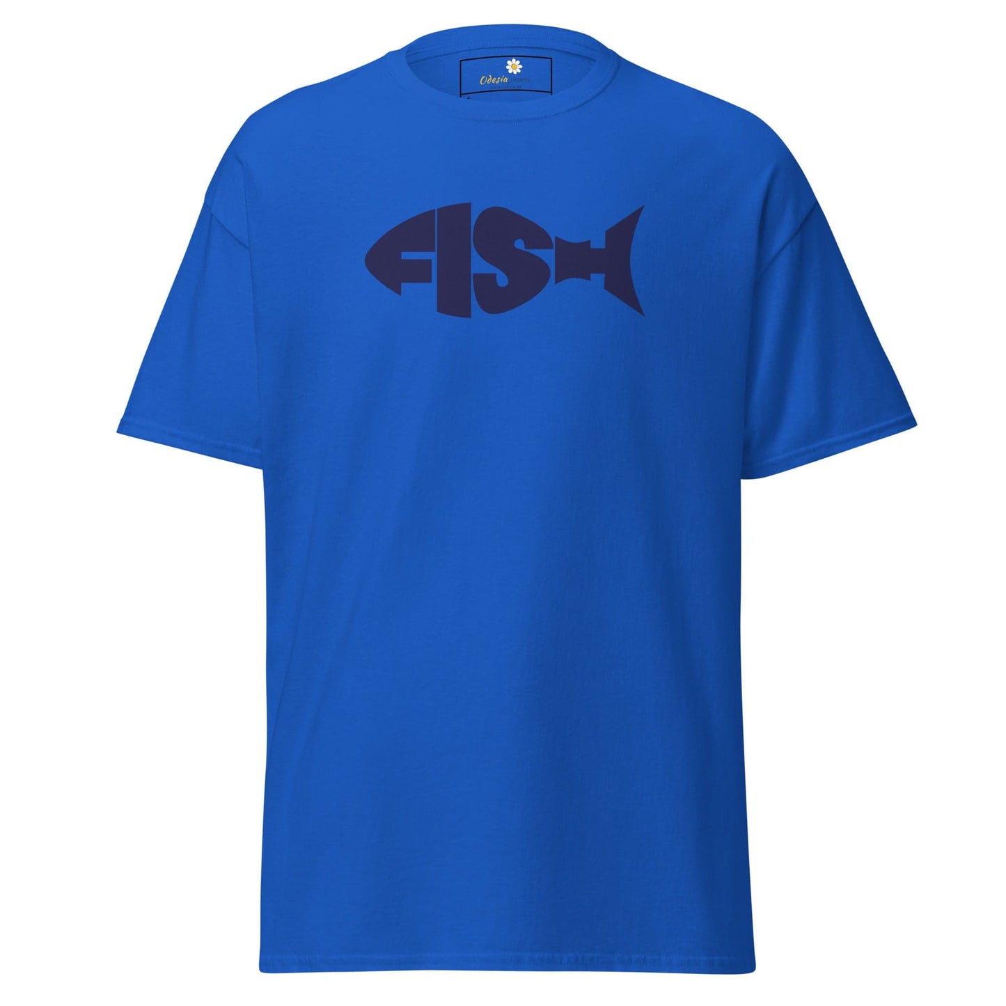 Blue T-shirt with fish design for Men and Women available in S to XL sizes