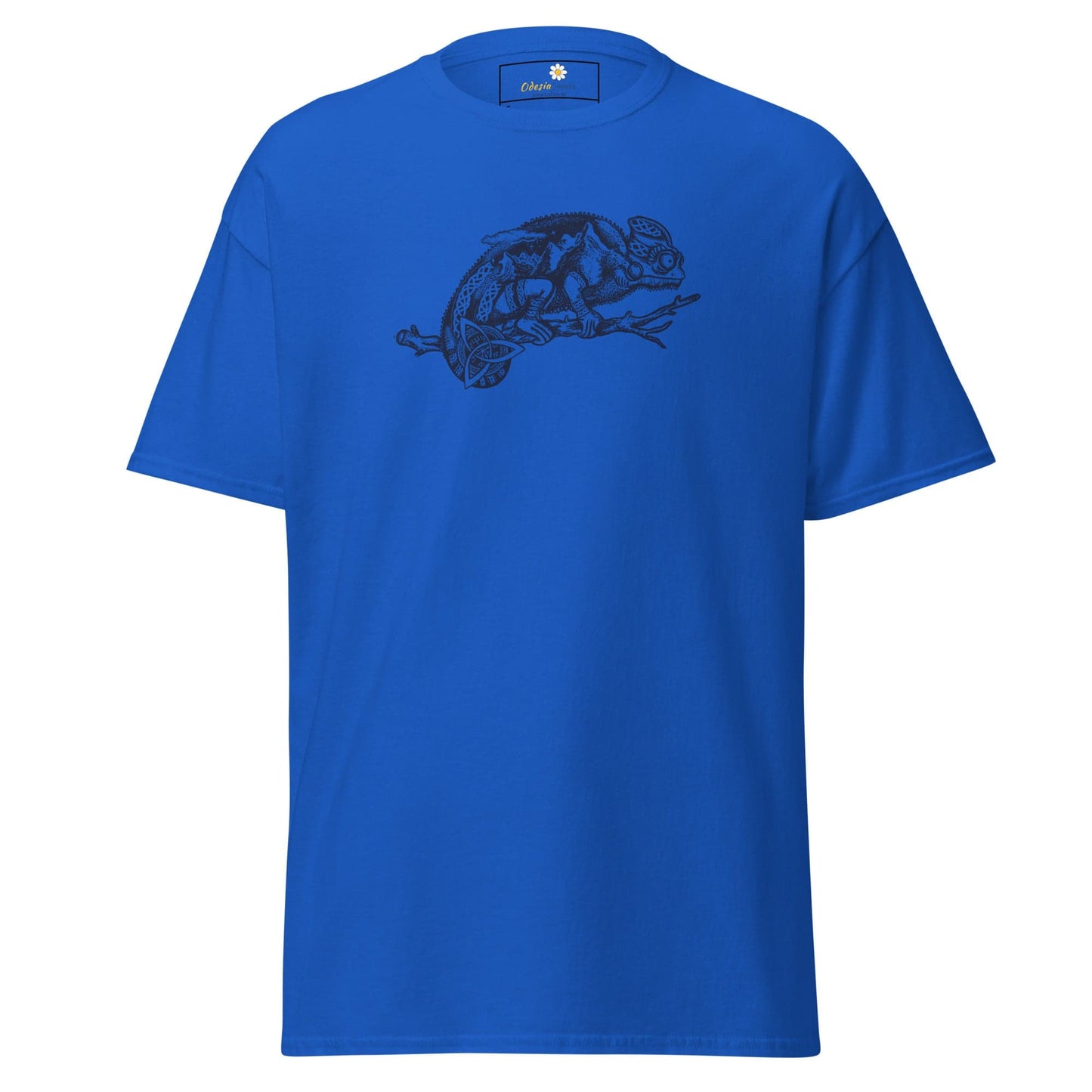 Blue t-shirt with chameleon graphic for men and women in sizes S to XL