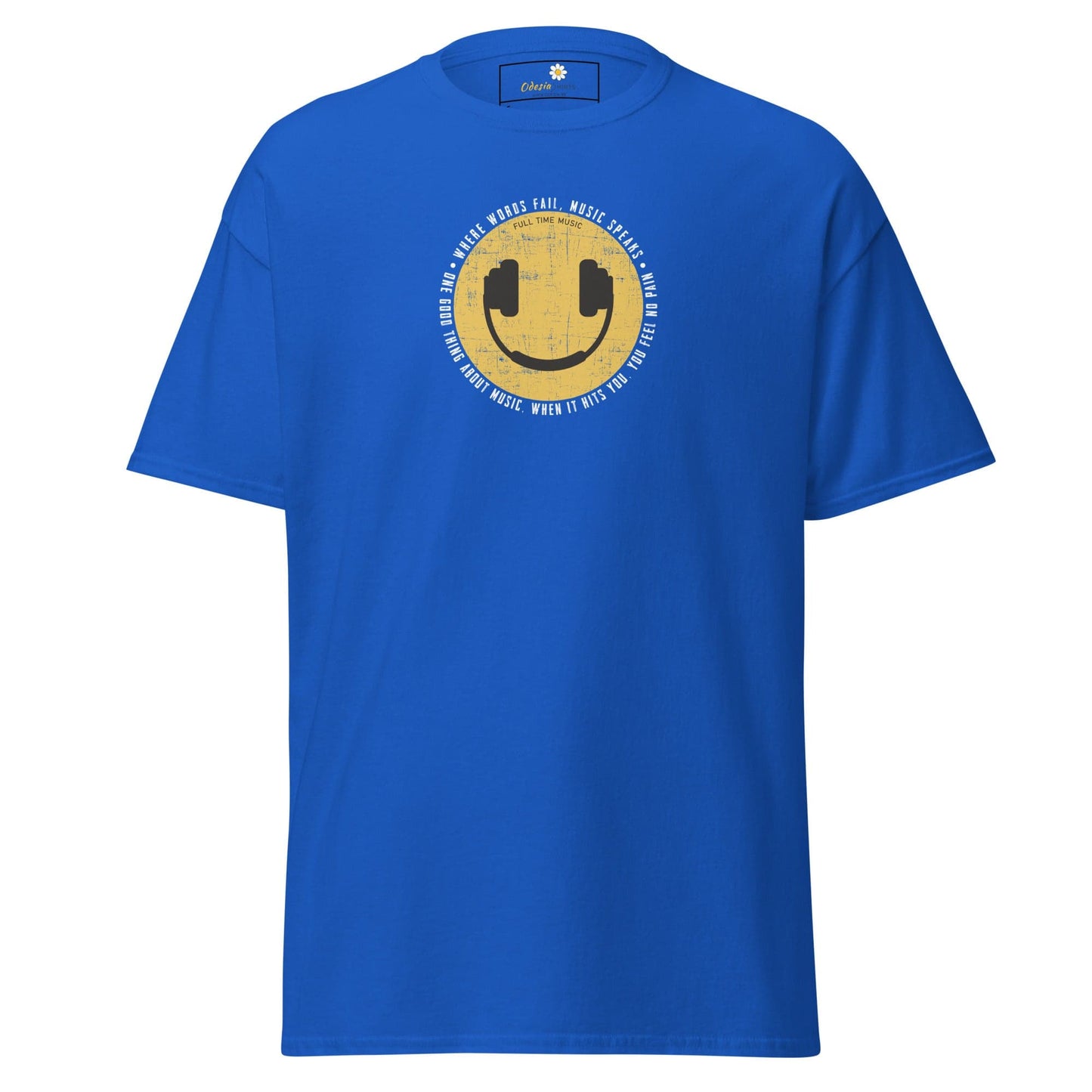 Blue T-Shirt with smiley face and headphones for Men and Women in sizes S to XL
