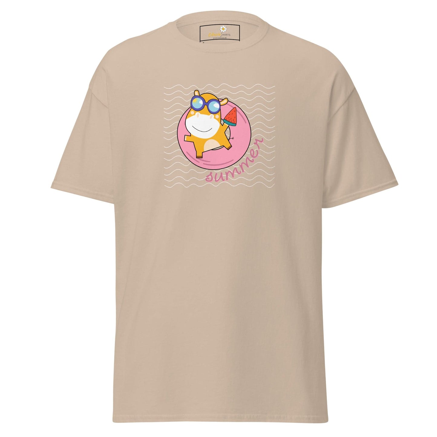 Beige T-shirt with cartoon graphic for Men and Women available in sizes S to XL