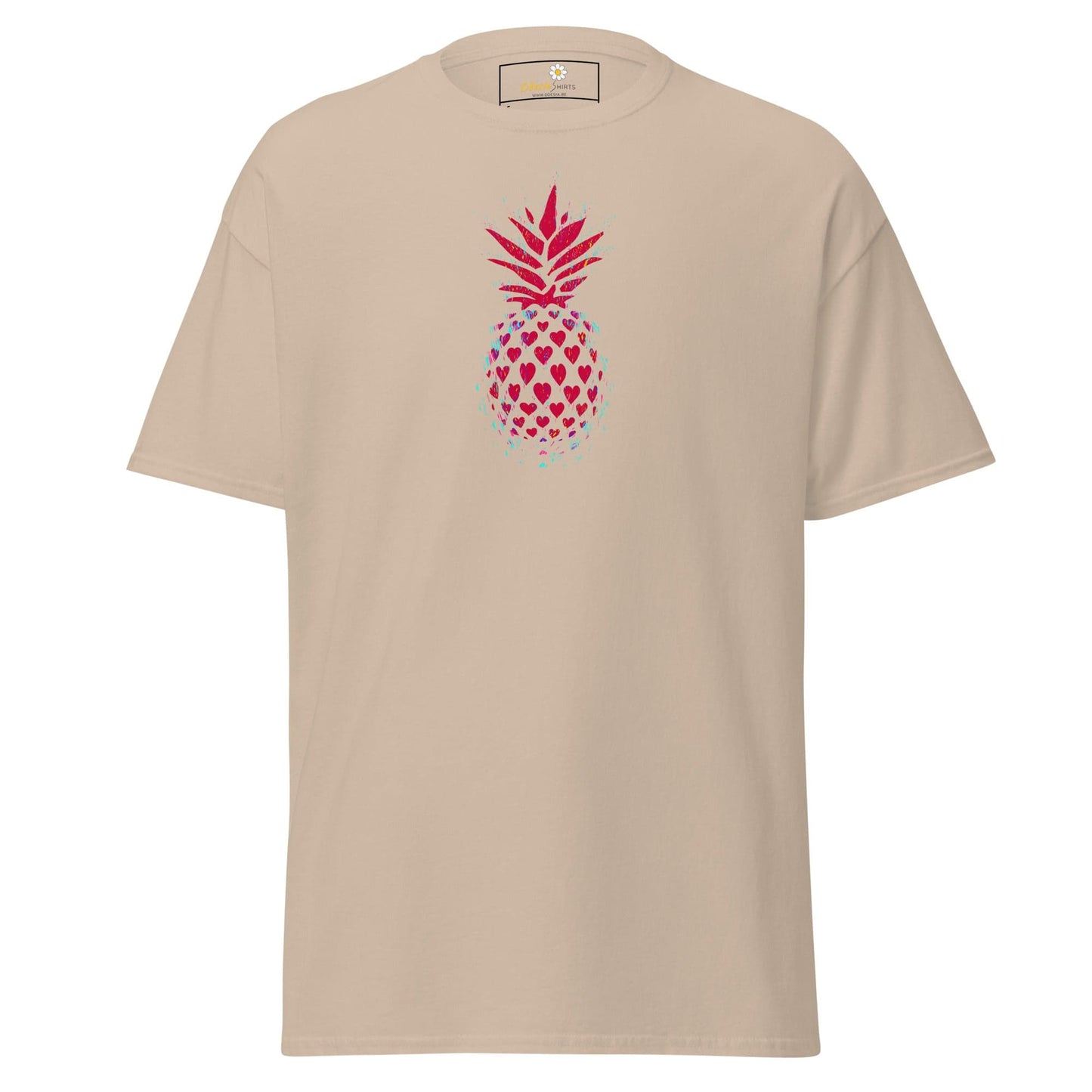 Beige T-shirt featuring a heart pineapple graphic, suitable for men and women sizes S to XL