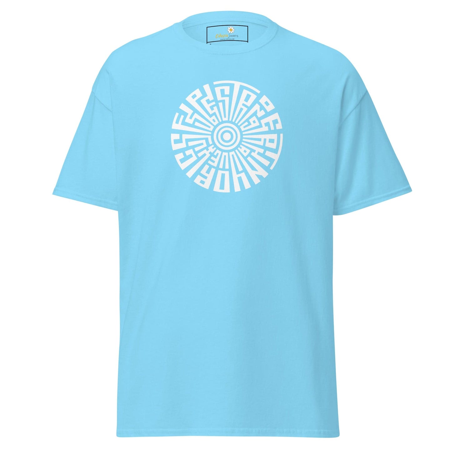 Light blue T-shirt with circular white design from T-SHIRT DESIGN TEE for Men and Women