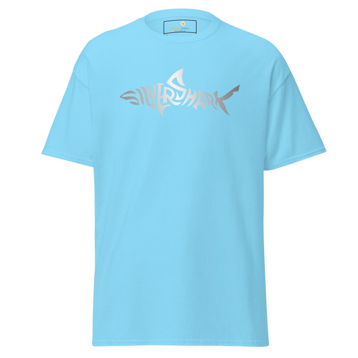 Light blue T-shirt with shark design for men and women in size S to XL