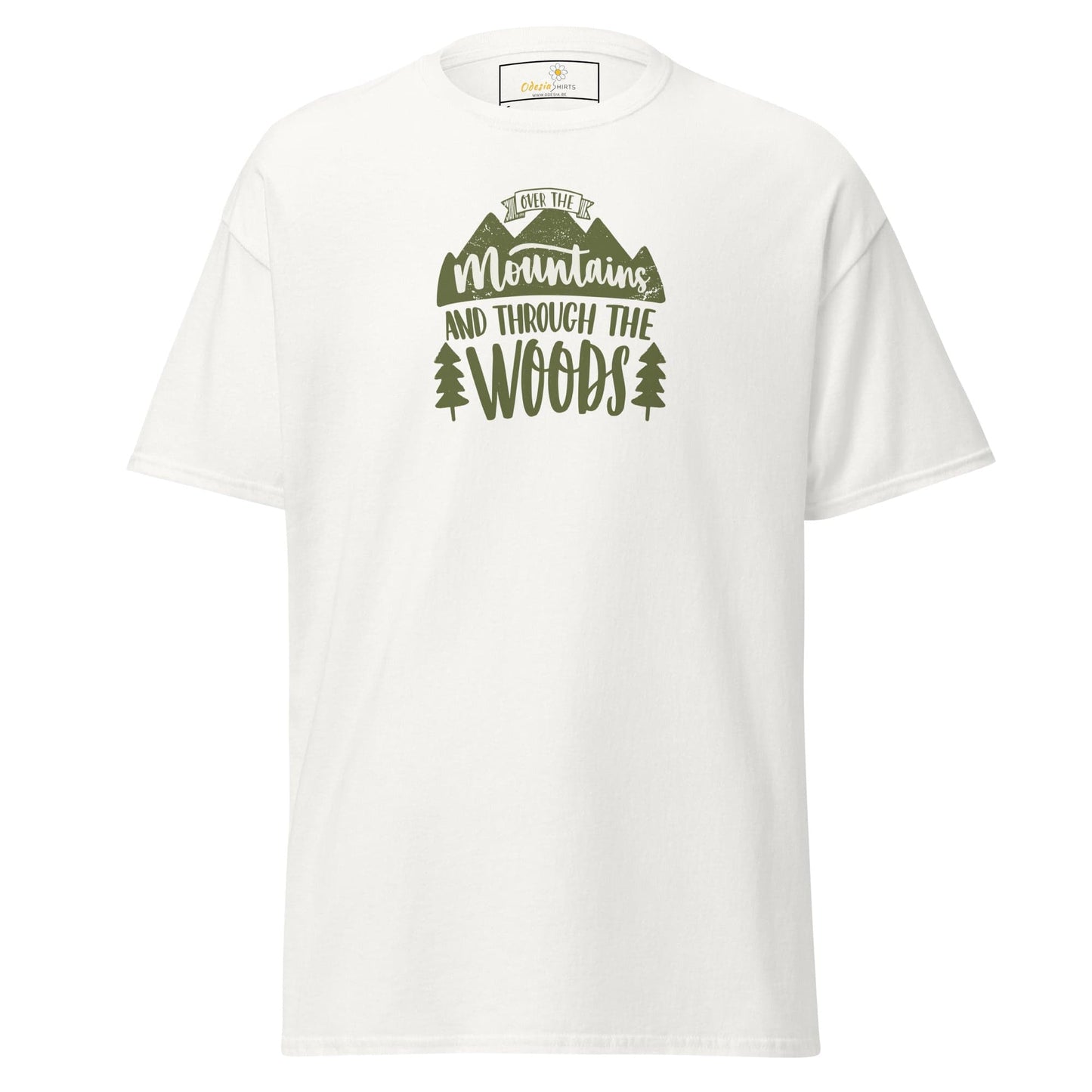 White T-shirt with mountain and woods graphic, suitable for men and women sizes S to XL