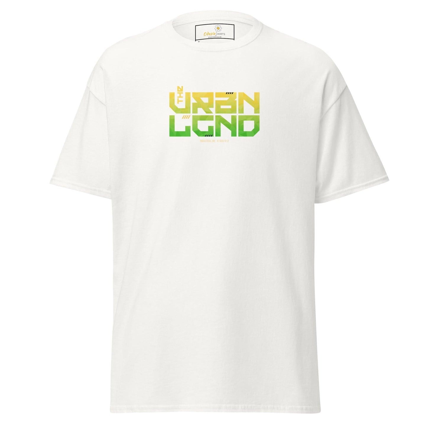 White T-shirt with green and yellow text from T-SHIRT DESIGN TEE for Men and Women