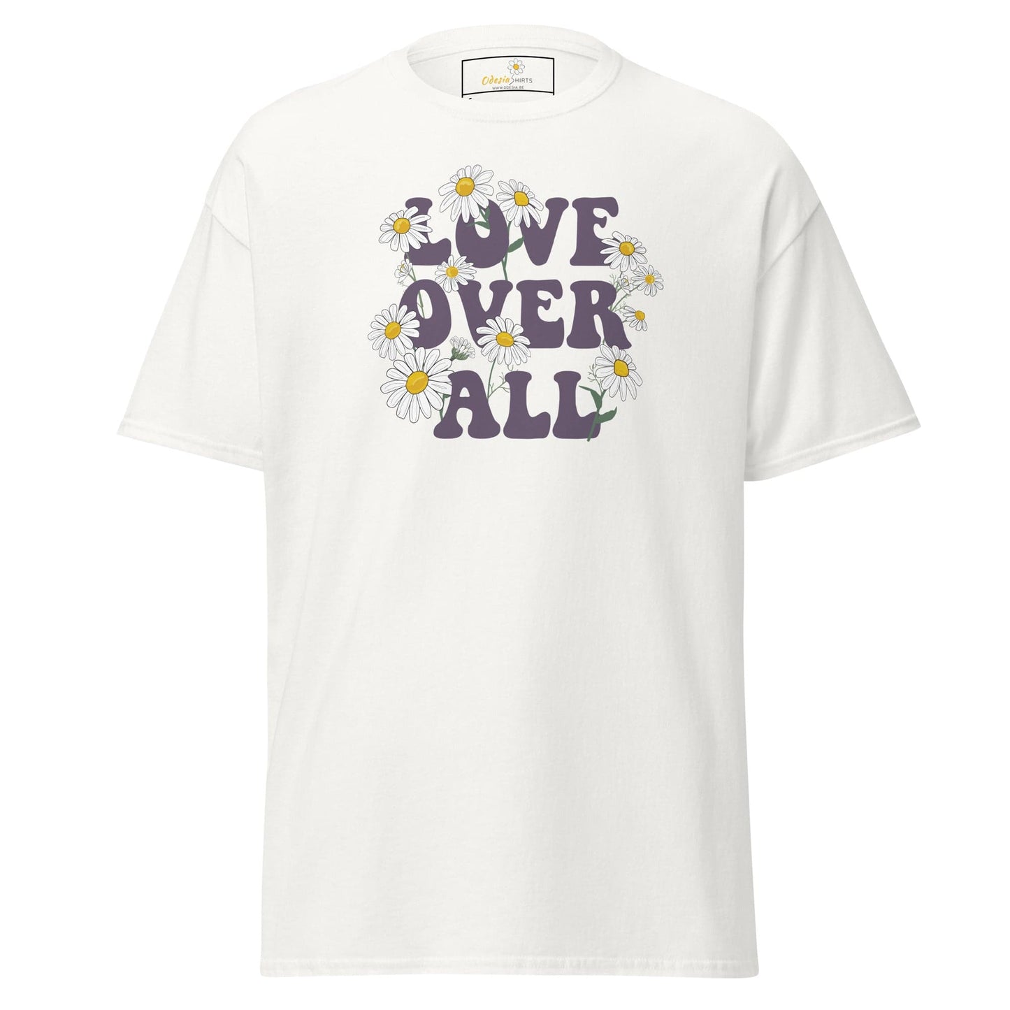 White T-shirt with Love Over All text and daisy graphics for men and women