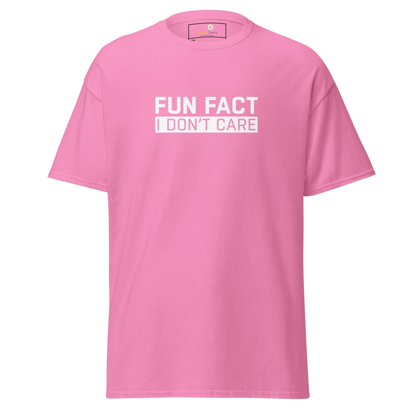 Pink t-shirt with white text.