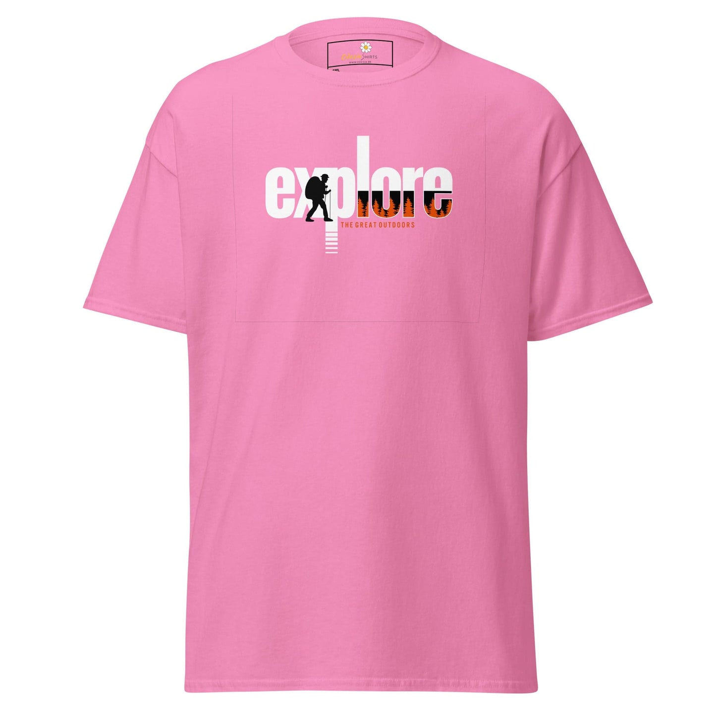 Pink t-shirt with ’explore’ graphic.