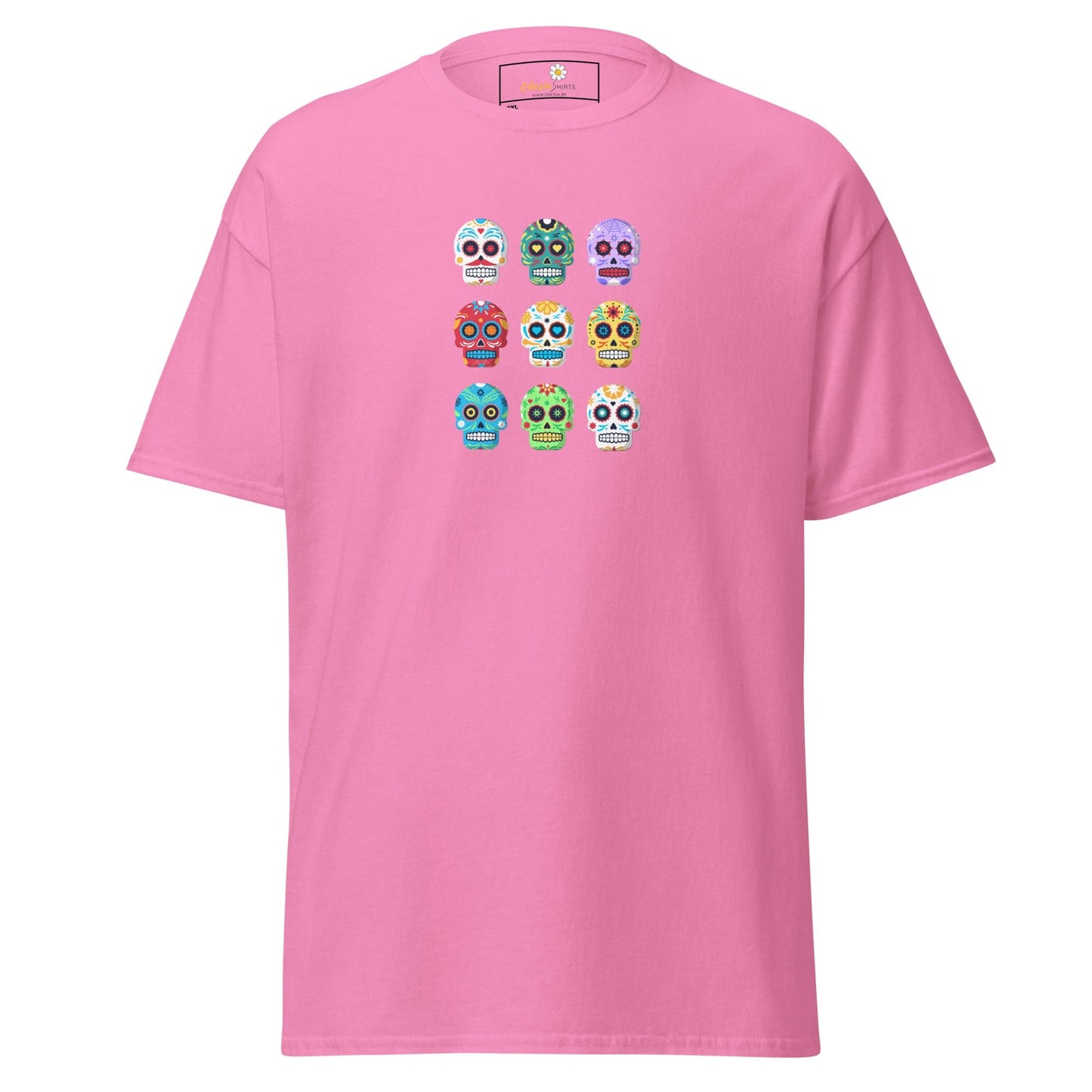 Pink T-shirt with sugar skull design for Men and Women in 2XL to 5XL sizes