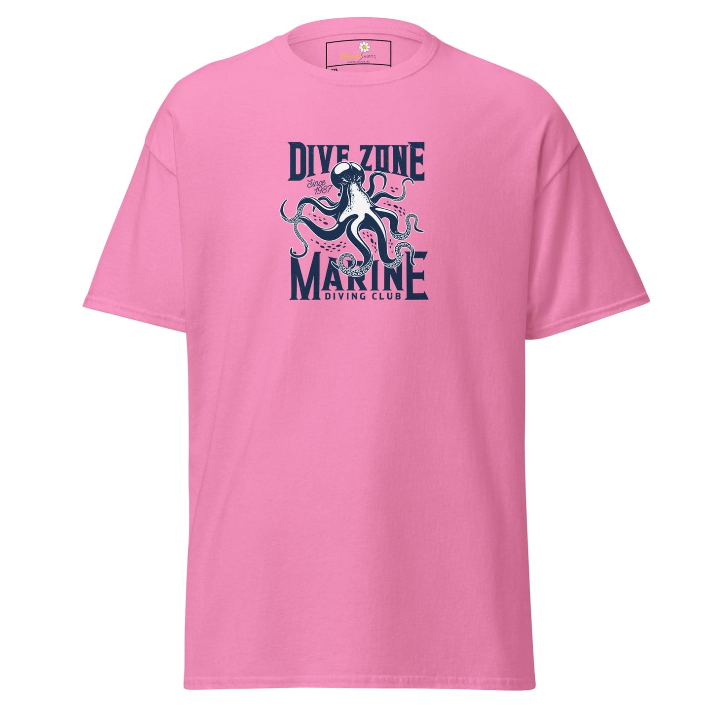 Pink t-shirt with octopus graphic.