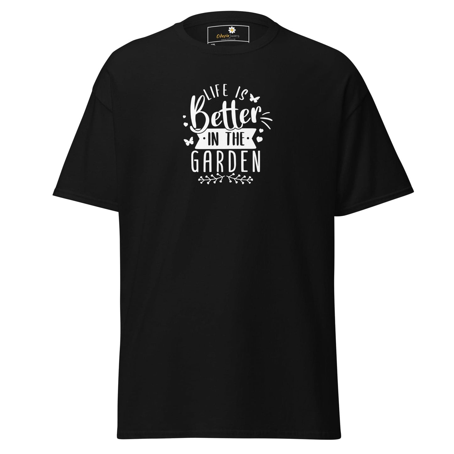 Black t-shirt with ’Life is better in the garden’ graphic.