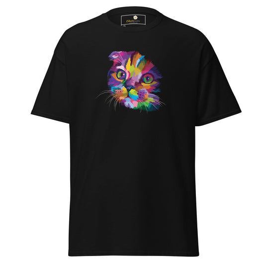 Black T-shirt with colorful cat graphic for men and women in sizes 2XL to 5XL