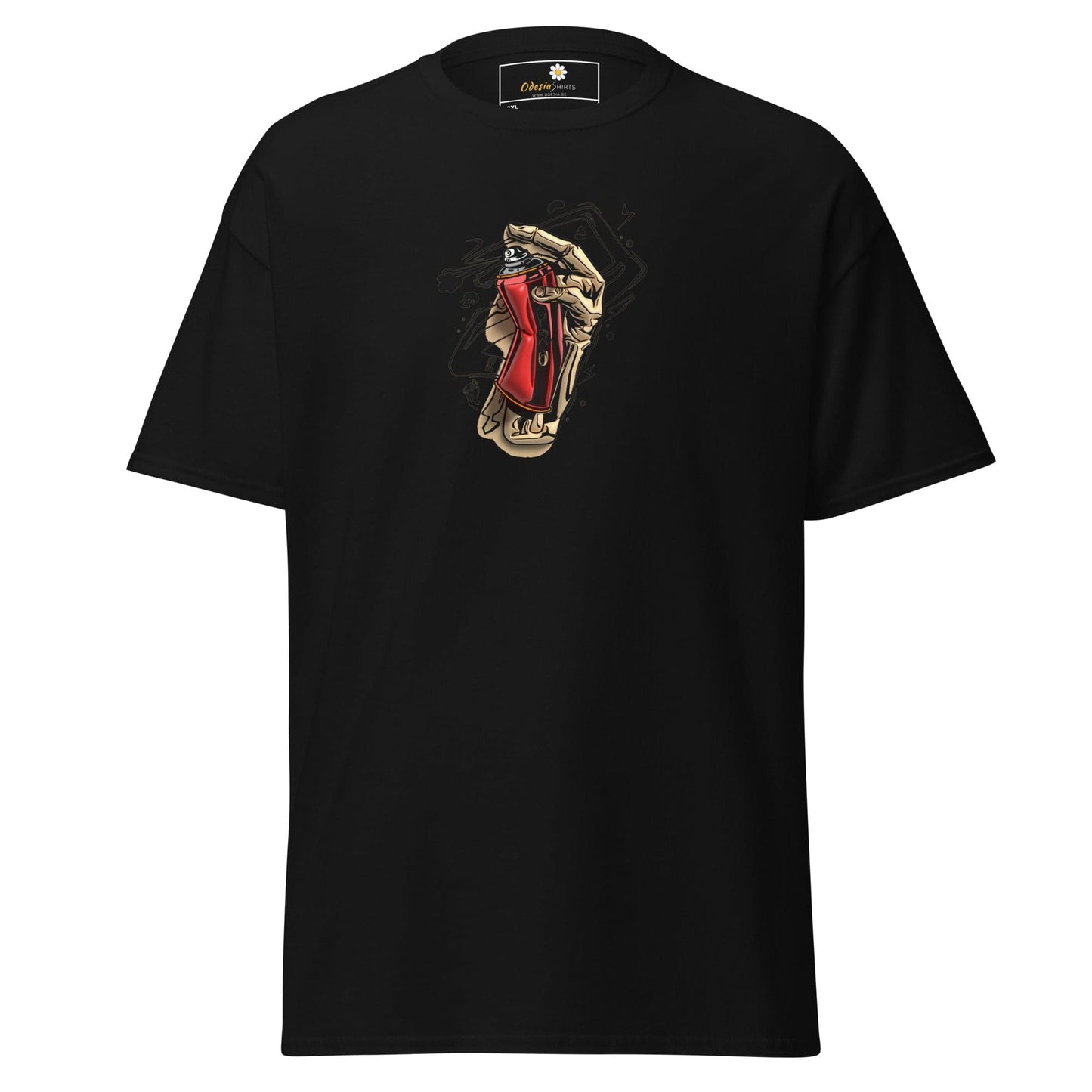 Black graphic tee.