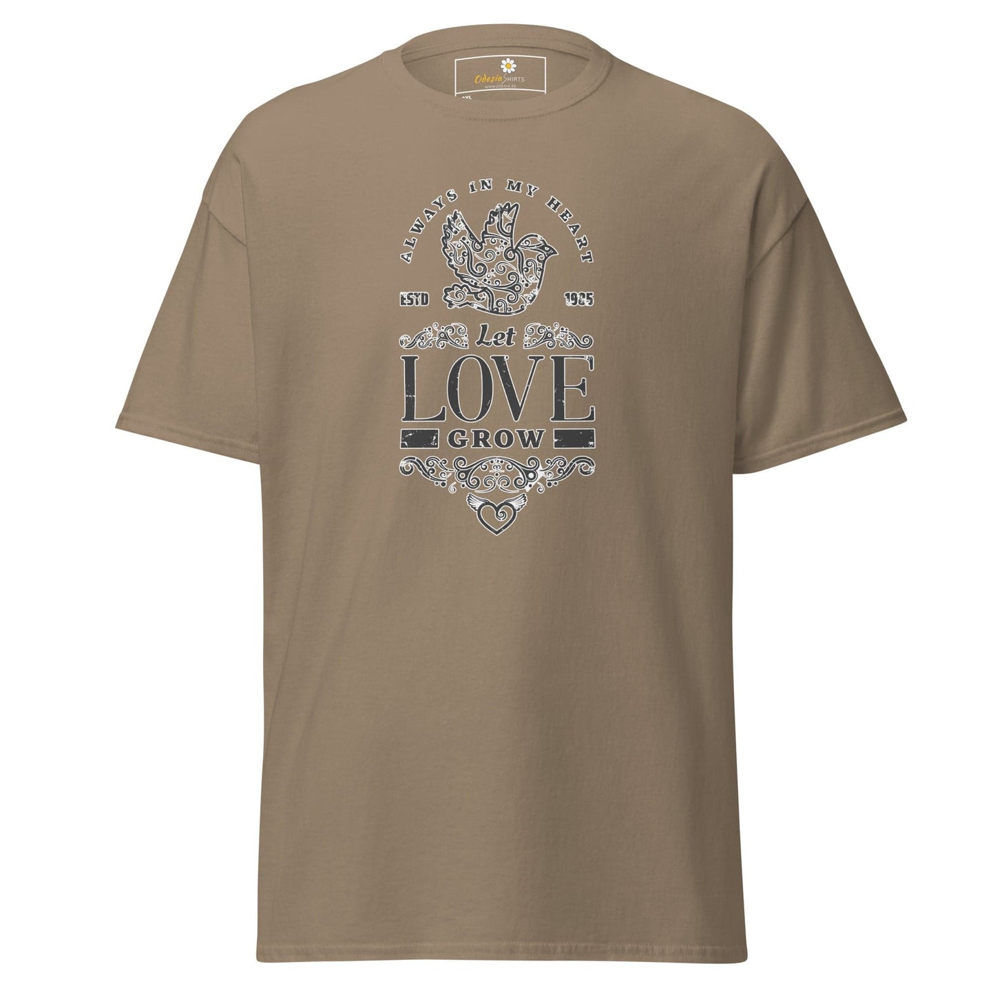 Khaki T-shirt with graphic design for Men and Women available in sizes 2XL to 5XL