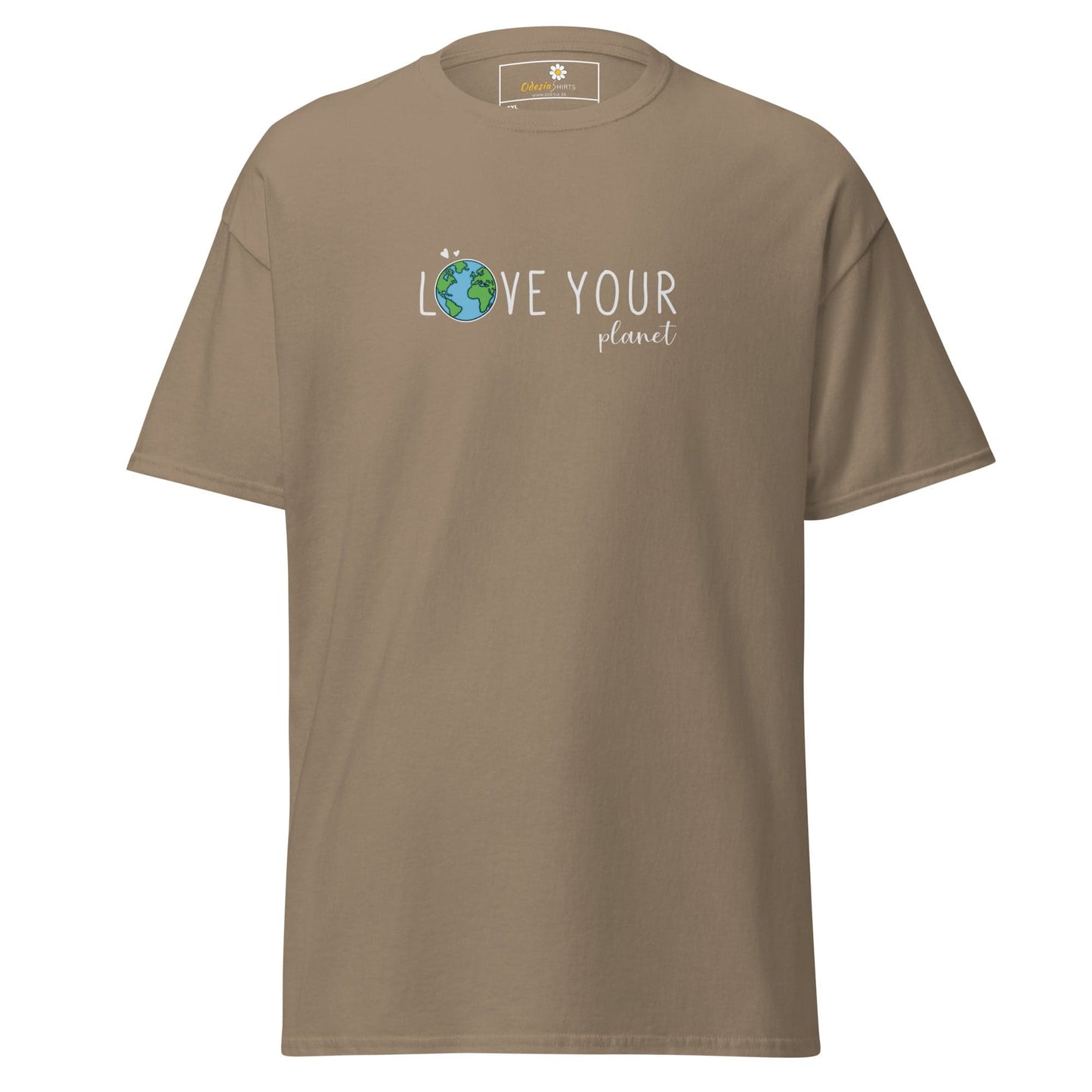 Khaki t-shirt with ’Love Your Planet’ design.