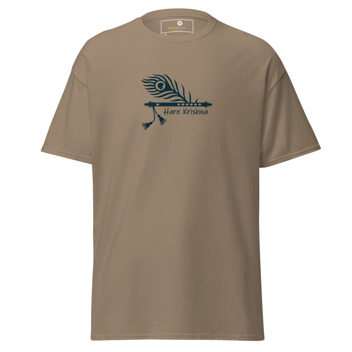 Khaki T-shirt with peacock feather and flute design for men and women in 2XL-5XL sizes