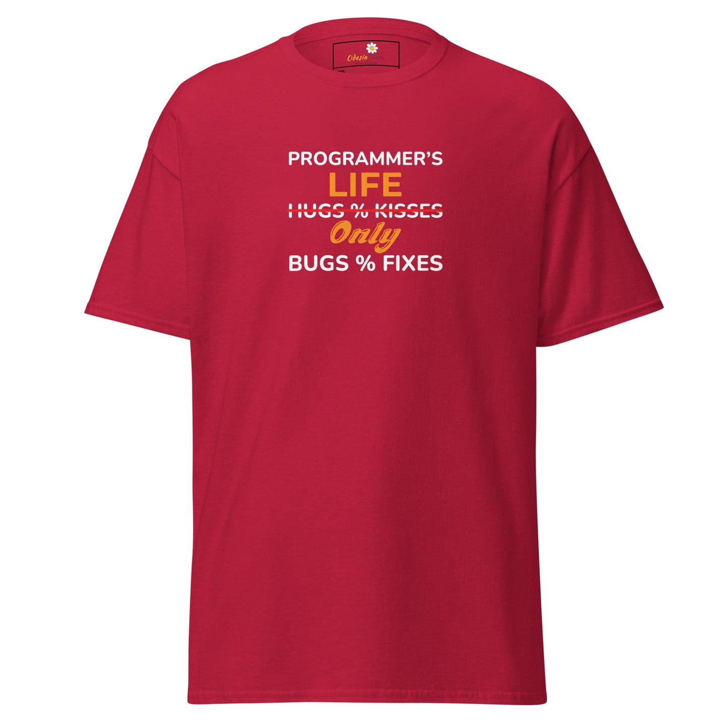 Red t-shirt with programmer’s joke.