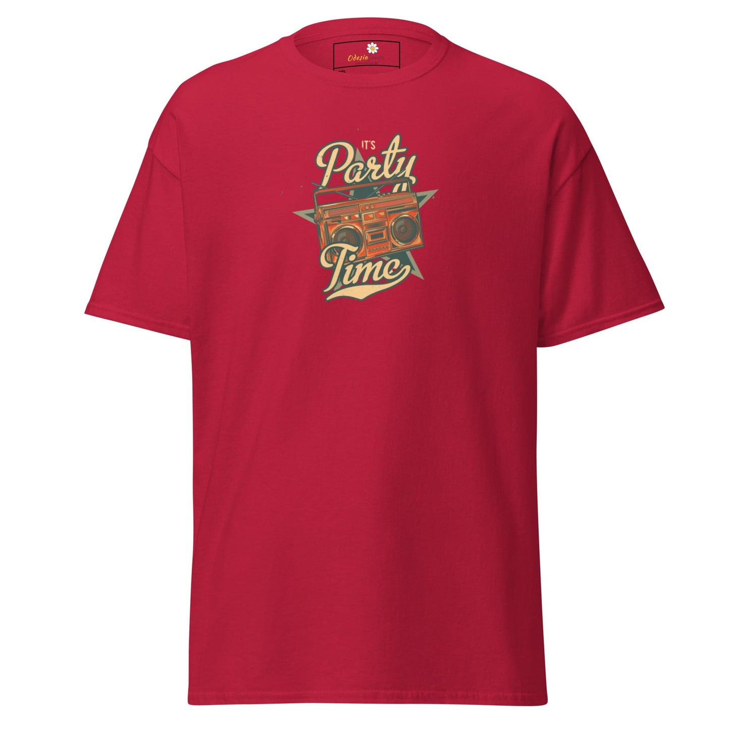 Red T-shirt with boombox graphic, available in men and women’s sizes from 2XL to 5XL