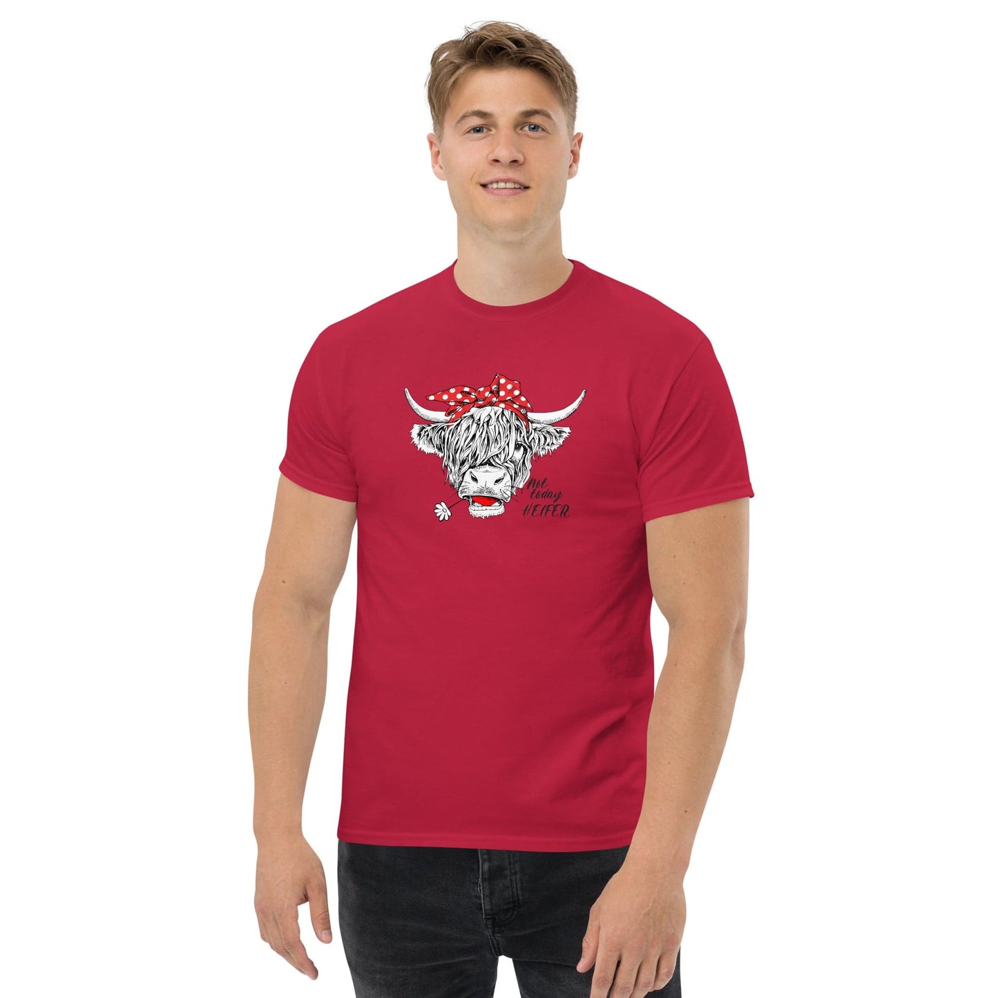 Red t-shirt with cow graphic.